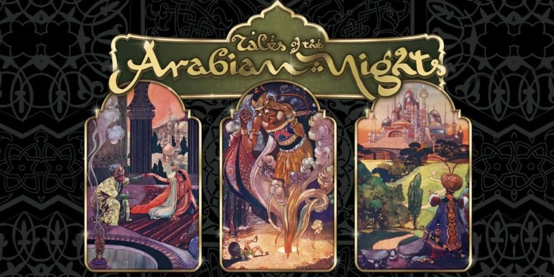 Ảnh bìa game Tales Of The Arabian Nights với các cảnh từ Aladdin và các câu chuyện nổi tiếng khác
