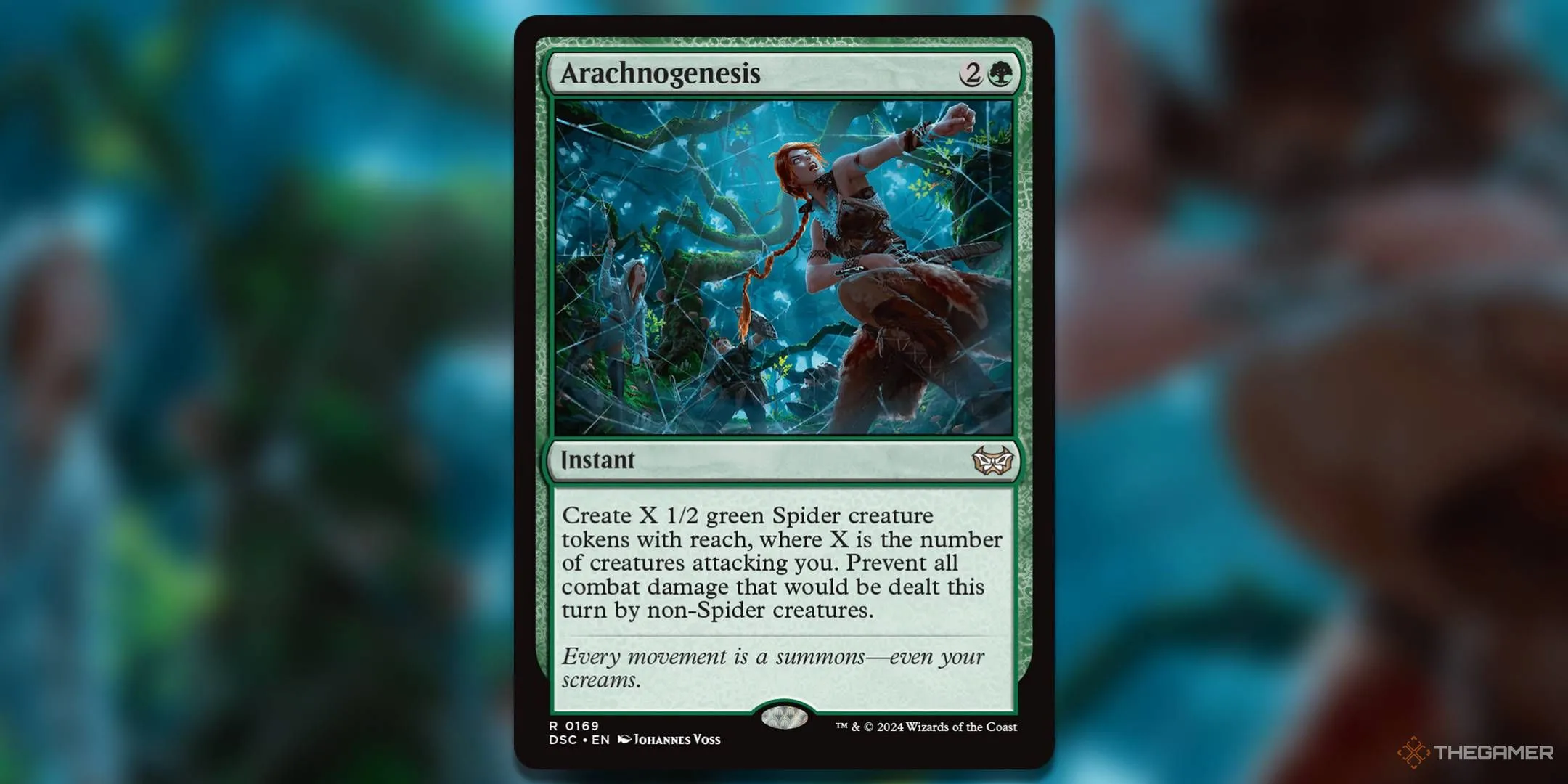 Arachnogenesis, một phép thuật Instant cứu thua trong Magic The Gathering, tạo ra hàng loạt token Spider và ngăn chặn sát thương từ các sinh vật không phải nhện, biến hiểm nguy thành cơ hội phản công.