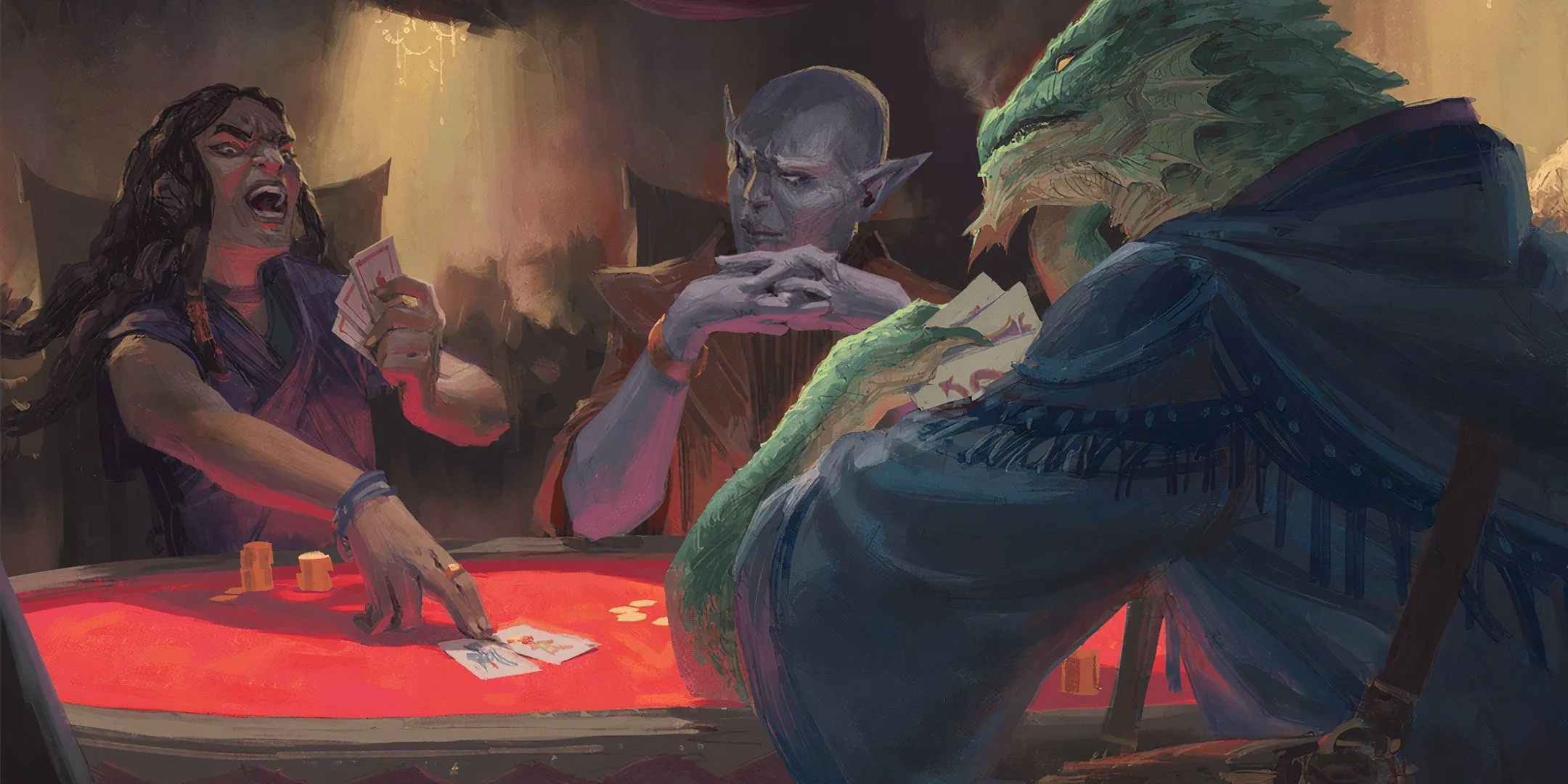 Ba người chơi đang chơi một trò chơi bài có tên Three-Dragon Ante trong bối cảnh Dungeons &amp; Dragons