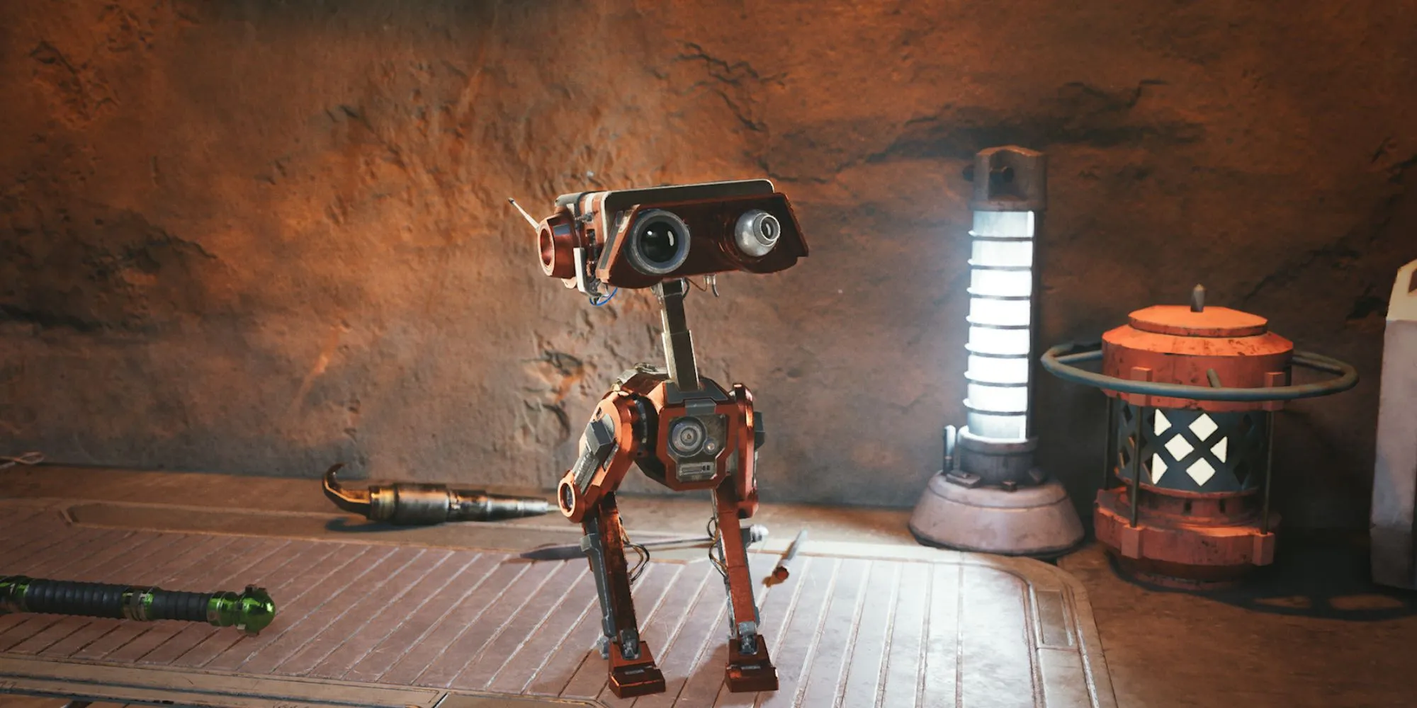 BD-1 dễ thương trên bàn sửa chữa trong Star Wars Jedi Survivor.