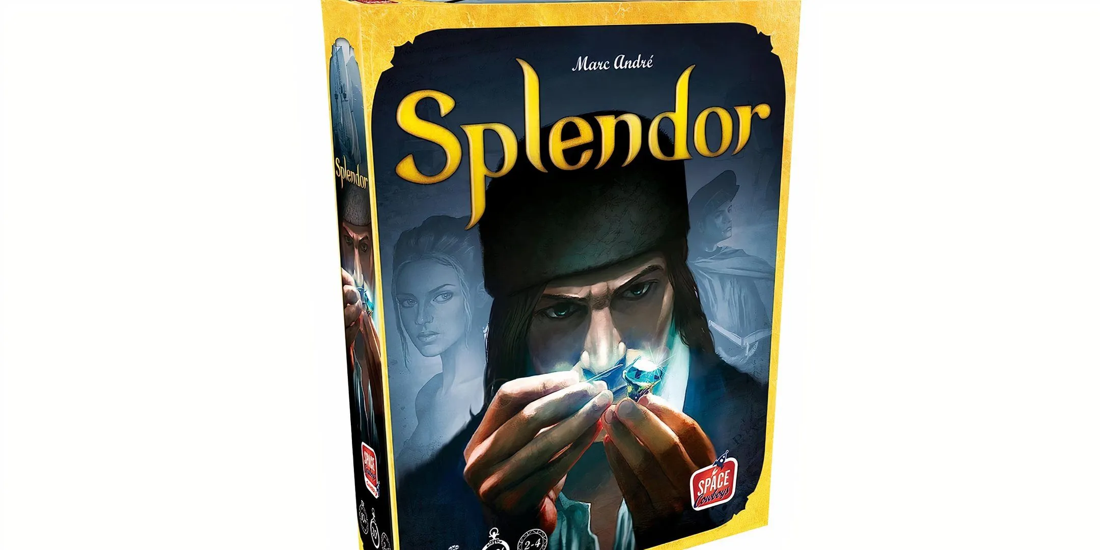 Bìa hộp game Splendor với người đàn ông đang ngắm nhìn viên đá quý