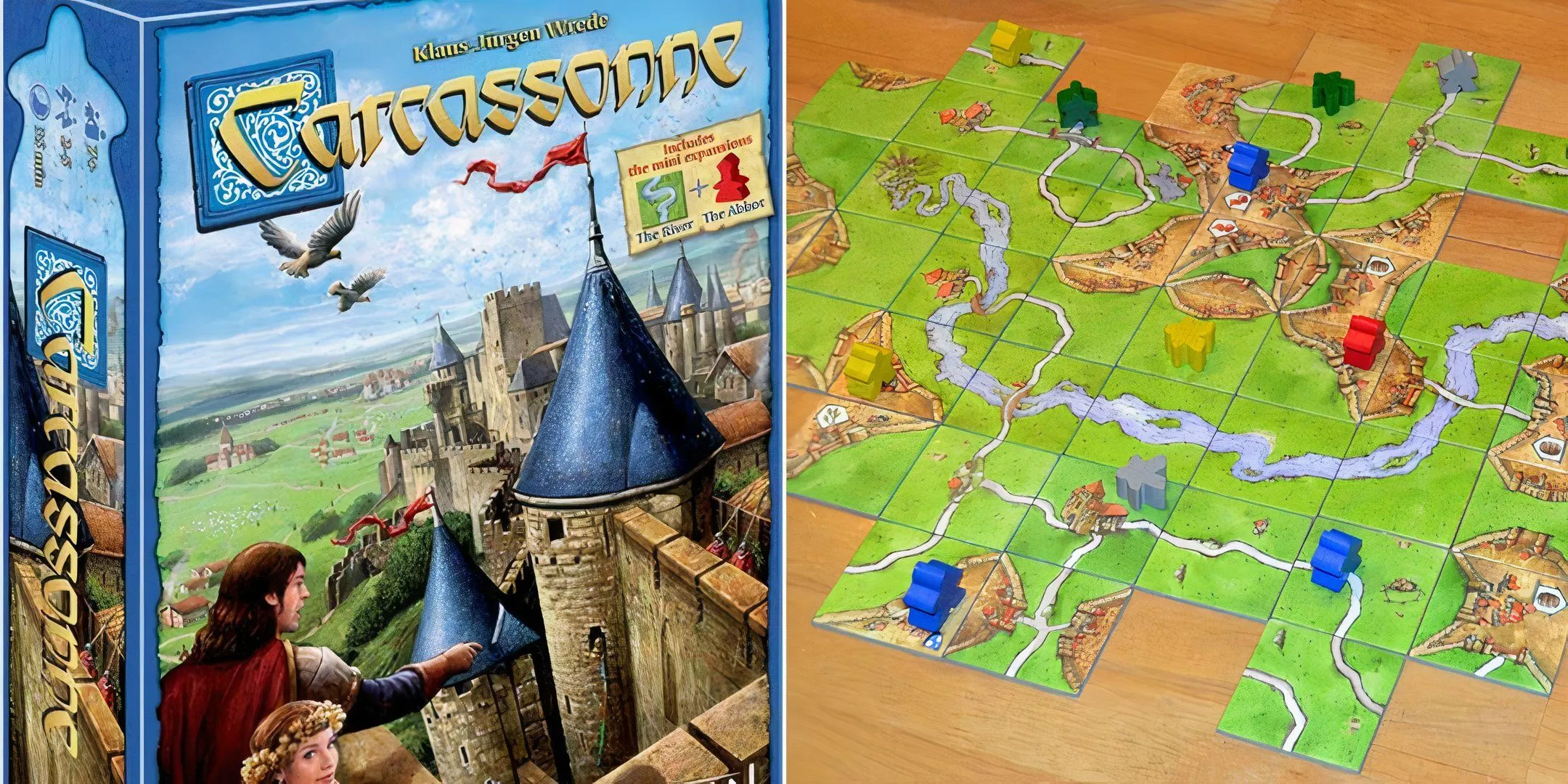 Bìa hộp và các ô gạch xếp hình của board game Carcassonne