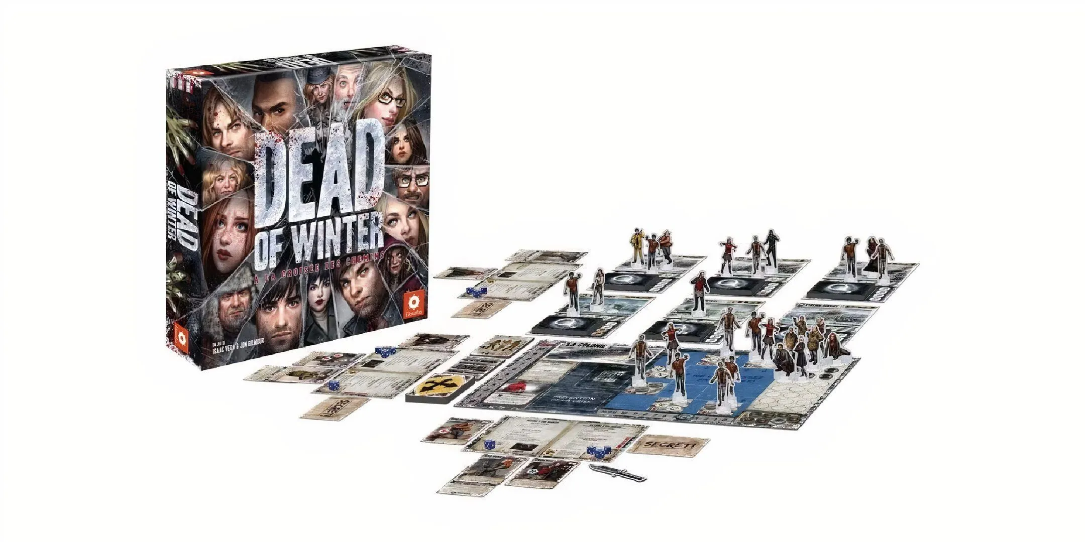 Bìa và bàn chơi Dead of Winter với các quân cờ và lá bài.