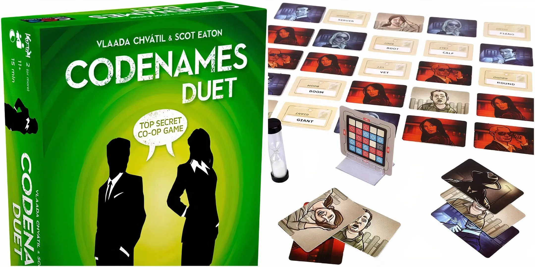 Bộ board game Codenames Duet với các lá bài mã hóa và lưới từ khóa trên bàn.