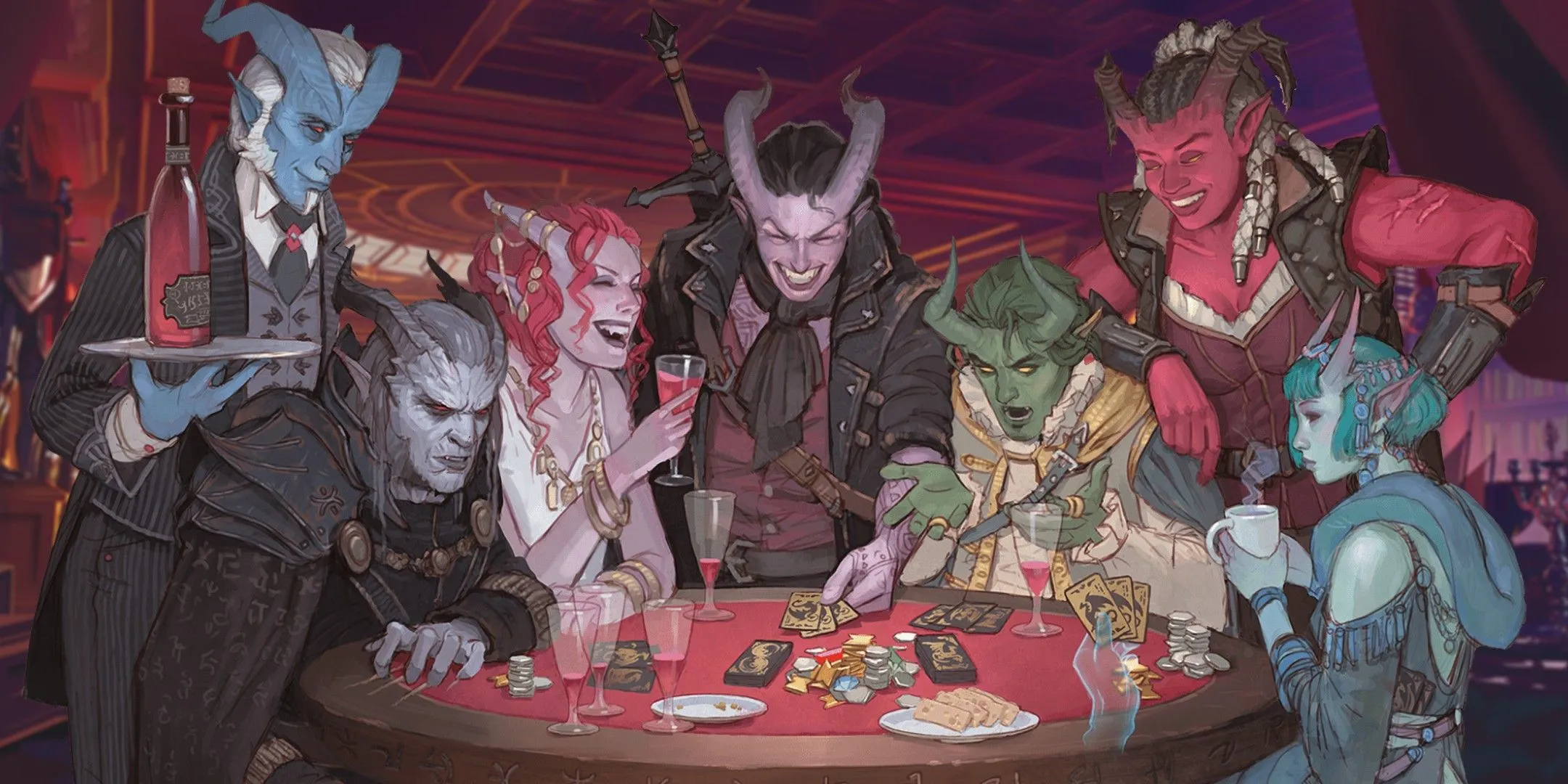 Các Tiefling chơi bài, minh họa cho hoạt động xã giao nhưng cần tránh làm gián đoạn buổi chơi D&amp;D.