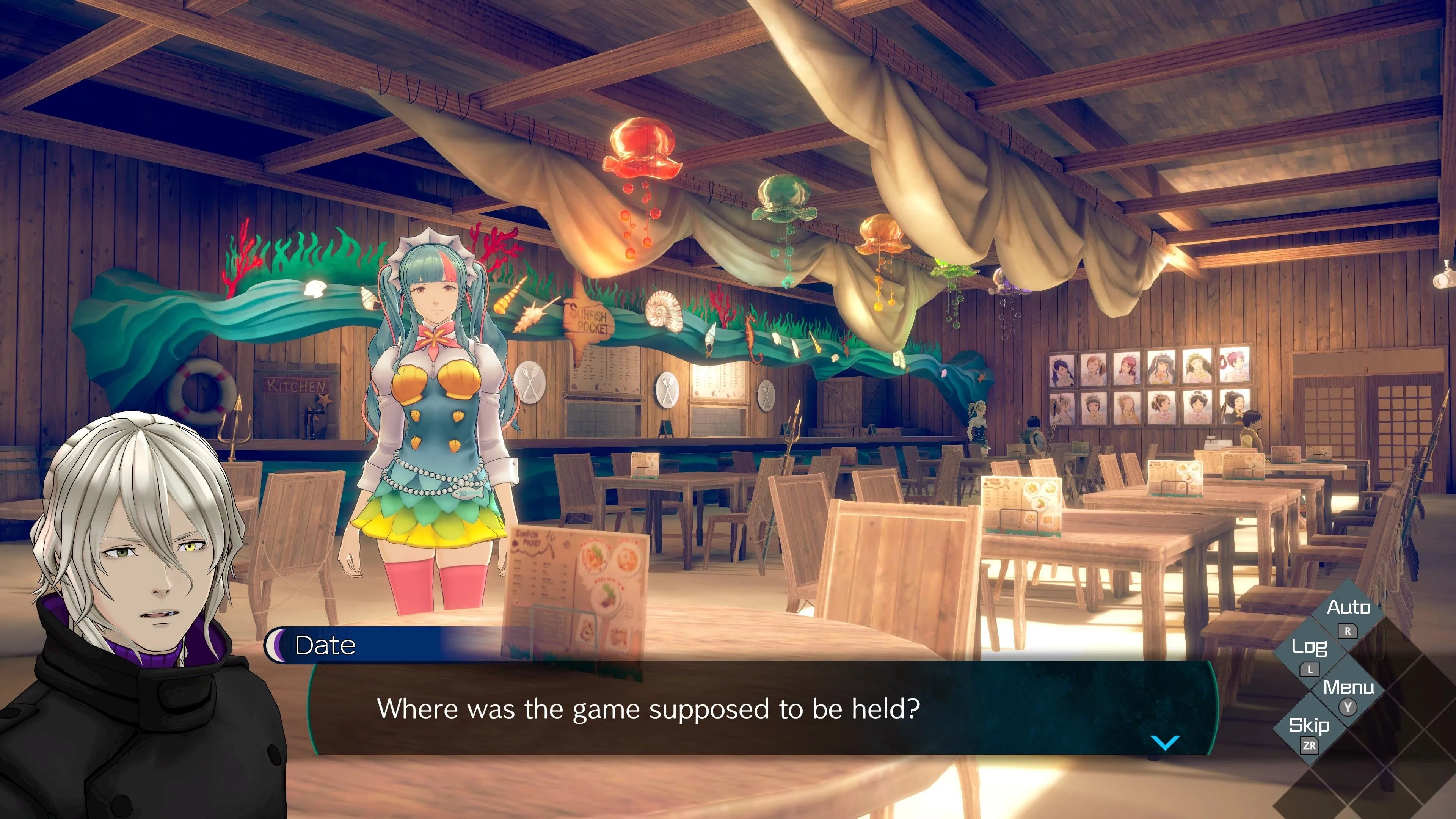 Cảnh gameplay điều tra với Kaname Date và giao diện người dùng trong No Sleep for Kaname Date
