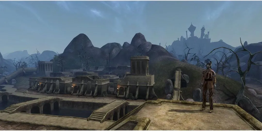 Cảnh tượng một Dark Elf ngồi trên mái nhà ở Balmora, thể hiện không khí quen thuộc nhưng vẫn độc đáo của thành phố trong Morrowind.