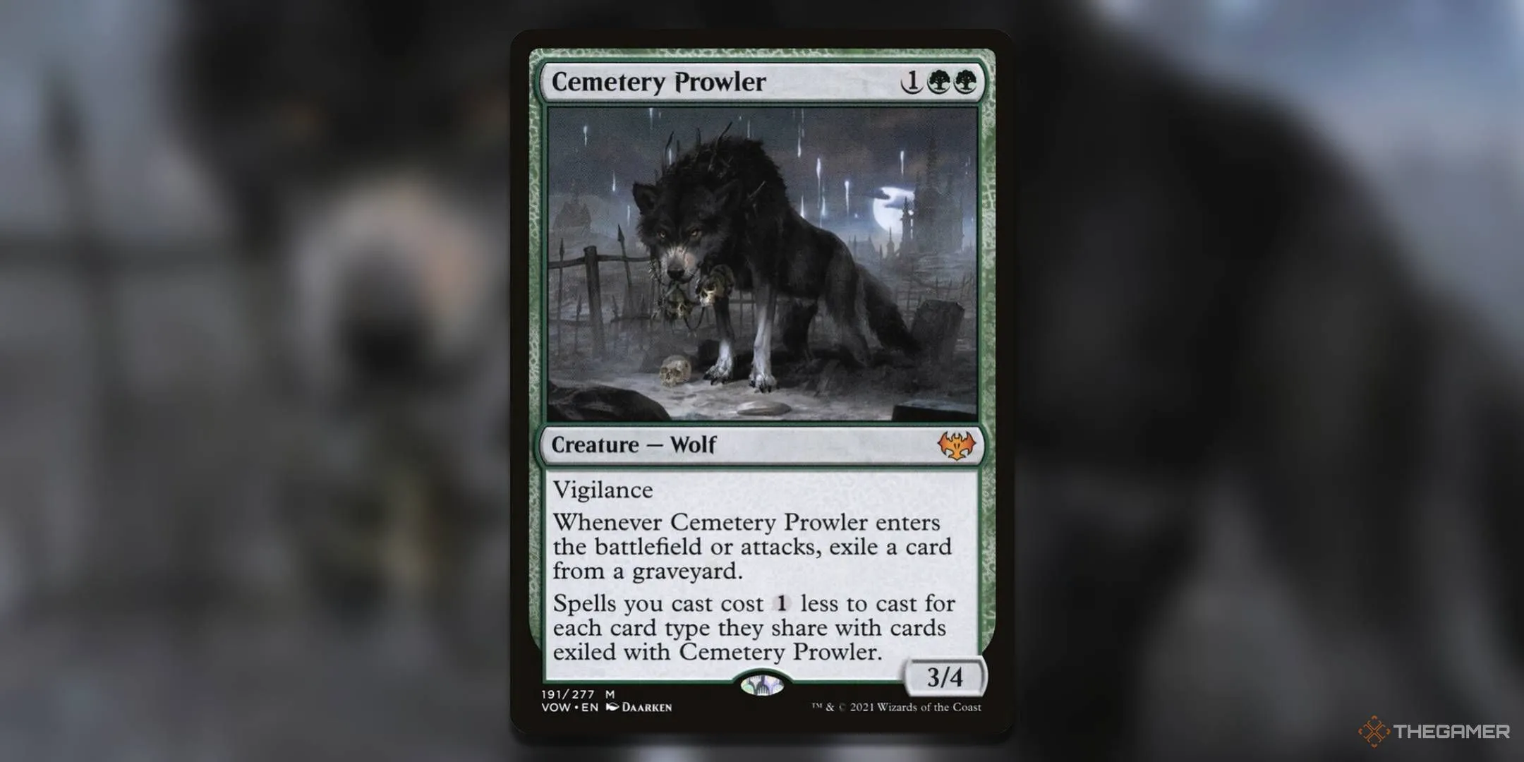 Cemetery Prowler, kẻ săn mồi nghĩa địa với khả năng giảm mana cho các phép thuật, giúp bạn chơi bài nhanh hơn. Hình ảnh quái vật đáng sợ trong khung cảnh u ám.