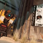 Claptrap hài hước đứng trước cổng khóa trong Borderlands 3.