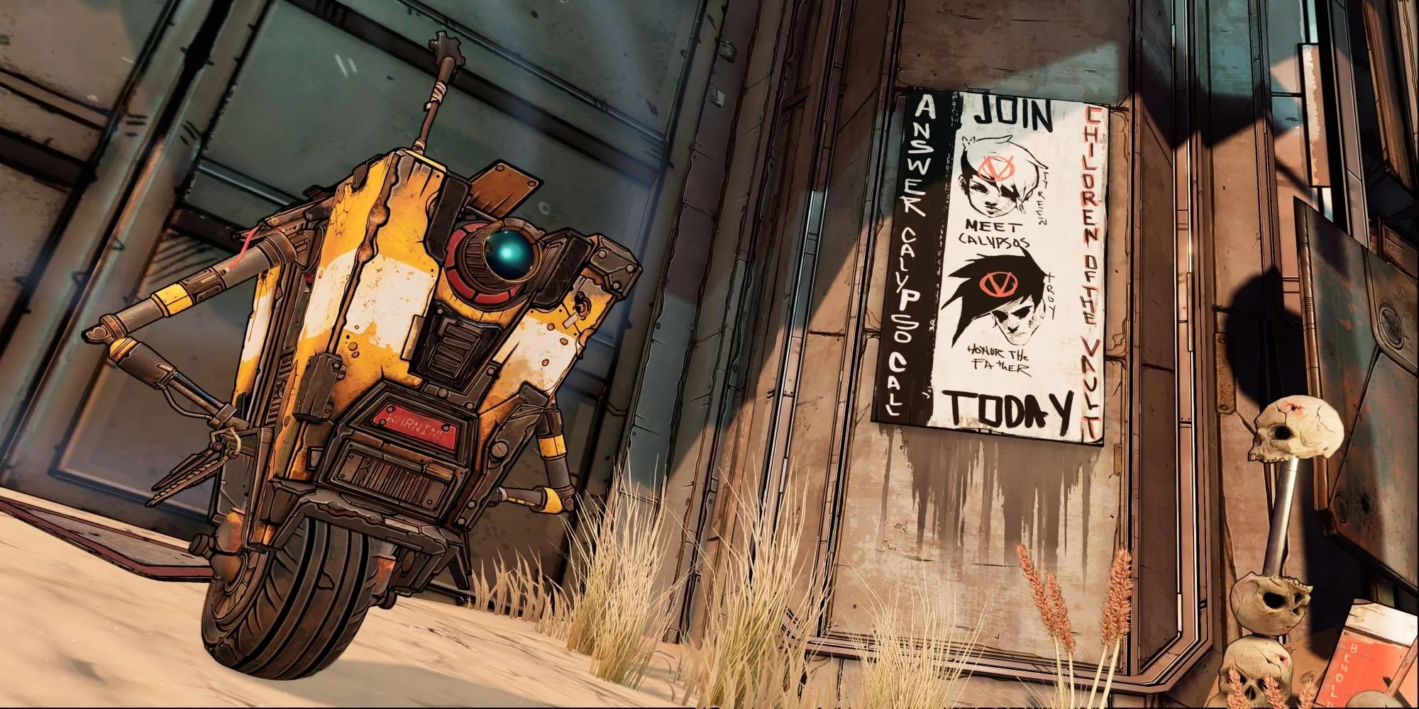 Claptrap hài hước đứng trước cổng khóa trong Borderlands 3.