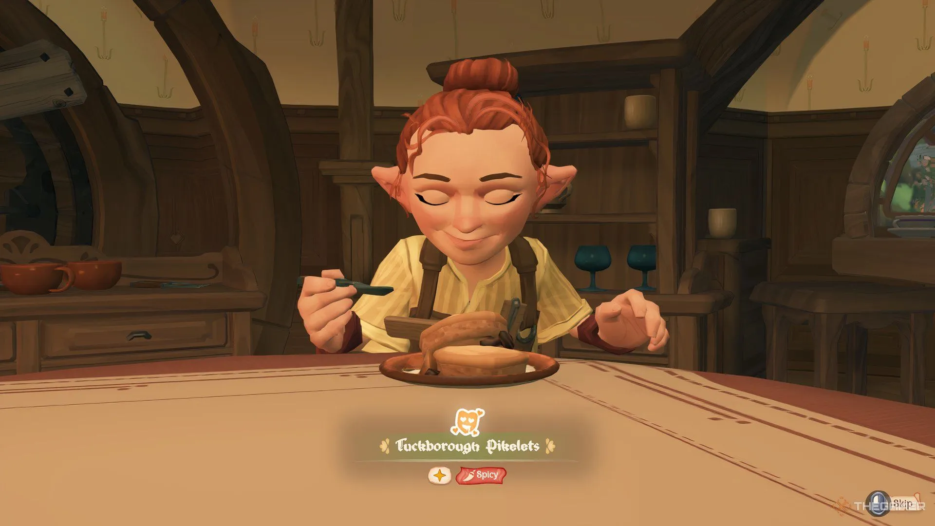 Cô nàng Willow hạnh phúc khi thưởng thức món ăn cay nồng được nấu bởi game thủ trong Tales of the Shire, minh chứng cho kỹ năng nấu nướng đỉnh cao.