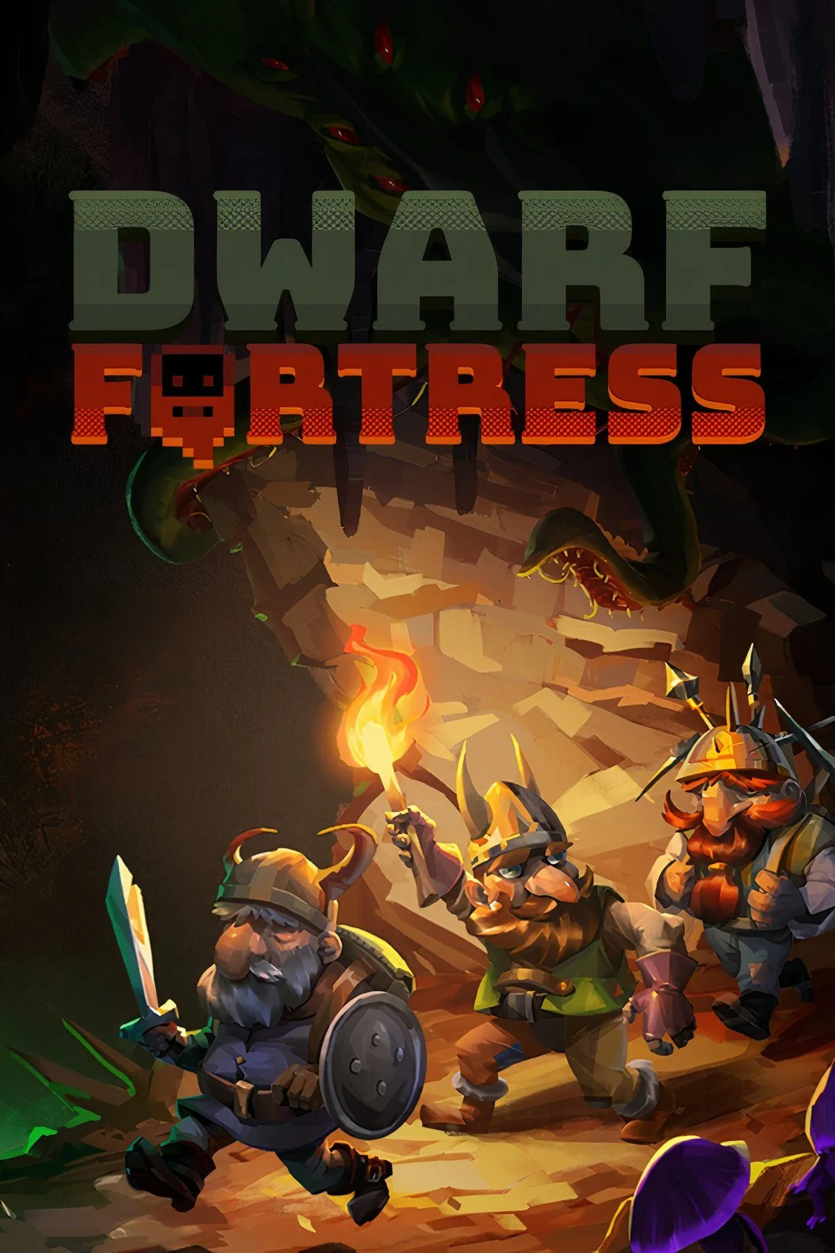 Giao diện đồ họa ASCII của Dwarf Fortress, mô tả một pháo đài lùn dưới lòng đất