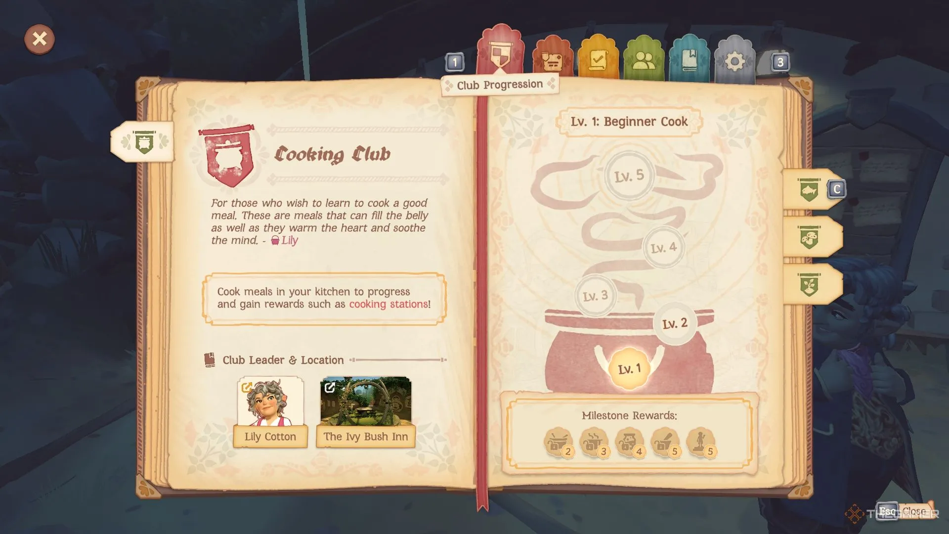 Giao diện nhật ký game Tales of the Shire hiển thị thông tin chi tiết về Cooking Club, bao gồm phần thưởng và điểm kinh nghiệm cần đạt