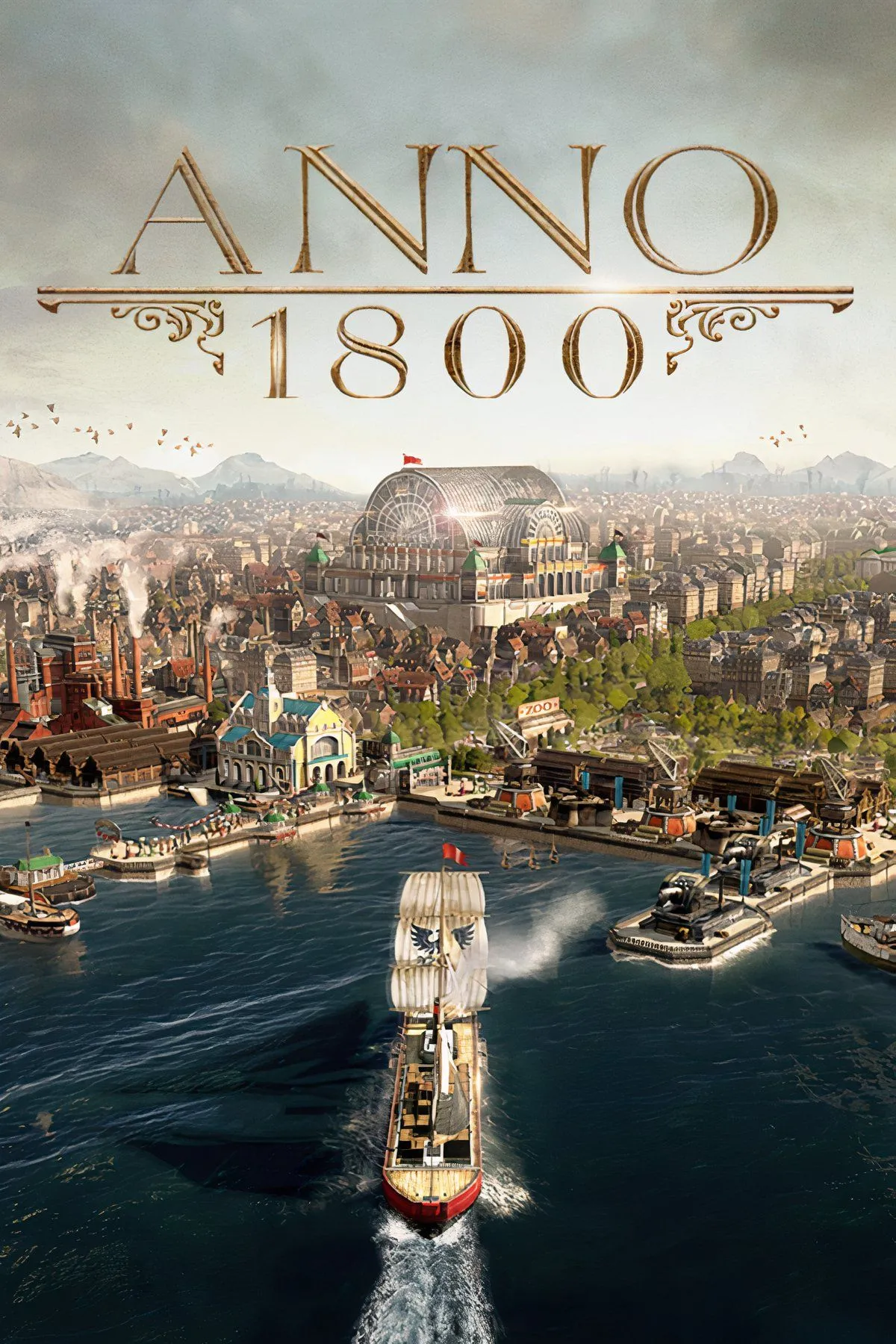 Giao diện xây dựng thành phố công nghiệp trong Anno 1800 với nhiều nhà máy và công trình