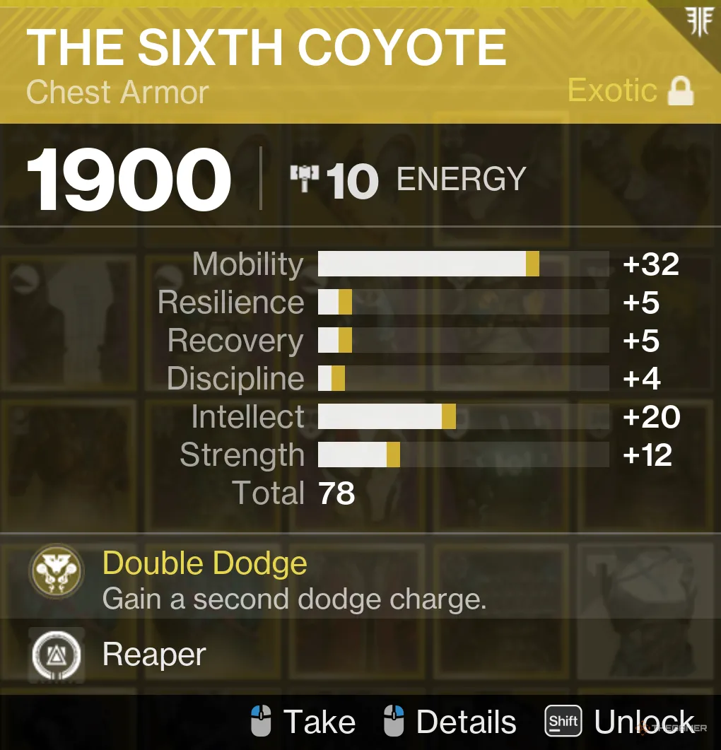 Hình ảnh giáp Exotic Sixth Coyote với chỉ số Mobility và Intellect cao trong Destiny 2
