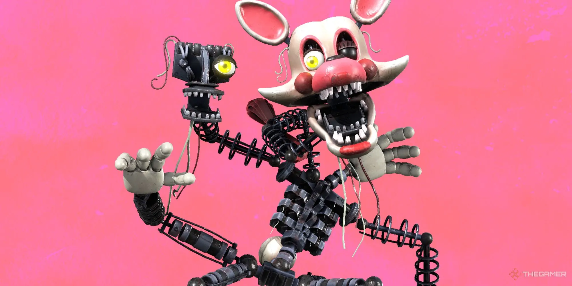 Hình ảnh Mangle từ Five Nights at Freddy's với nền hồng huyền bí, biểu tượng cho sự bí ẩn và nguy hiểm
