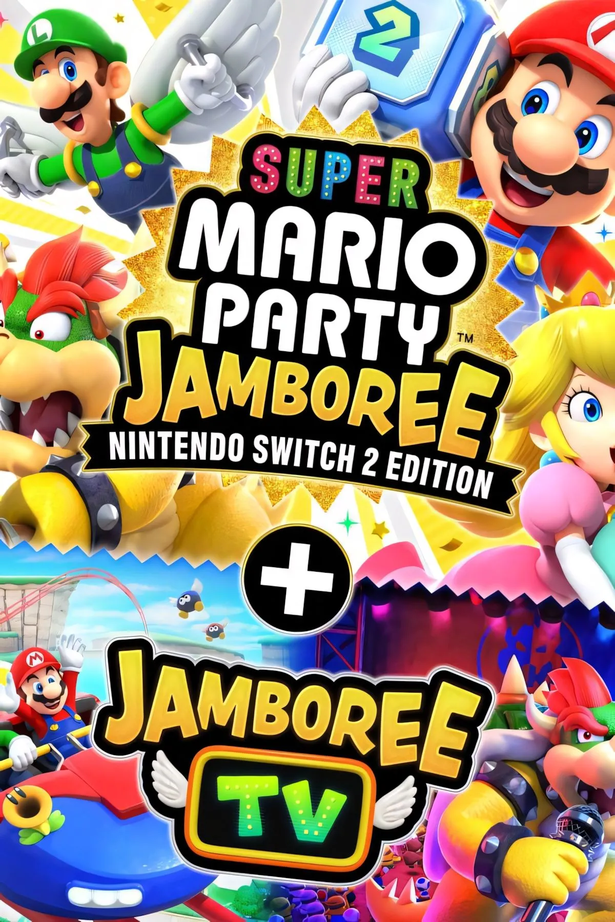Hình ảnh quảng bá Super Mario Party Jamboree Nintendo Switch 2 Edition với dàn nhân vật Mario đông đủ, hứa hẹn những màn quẩy game party bá đạo trên Jamboree TV.
