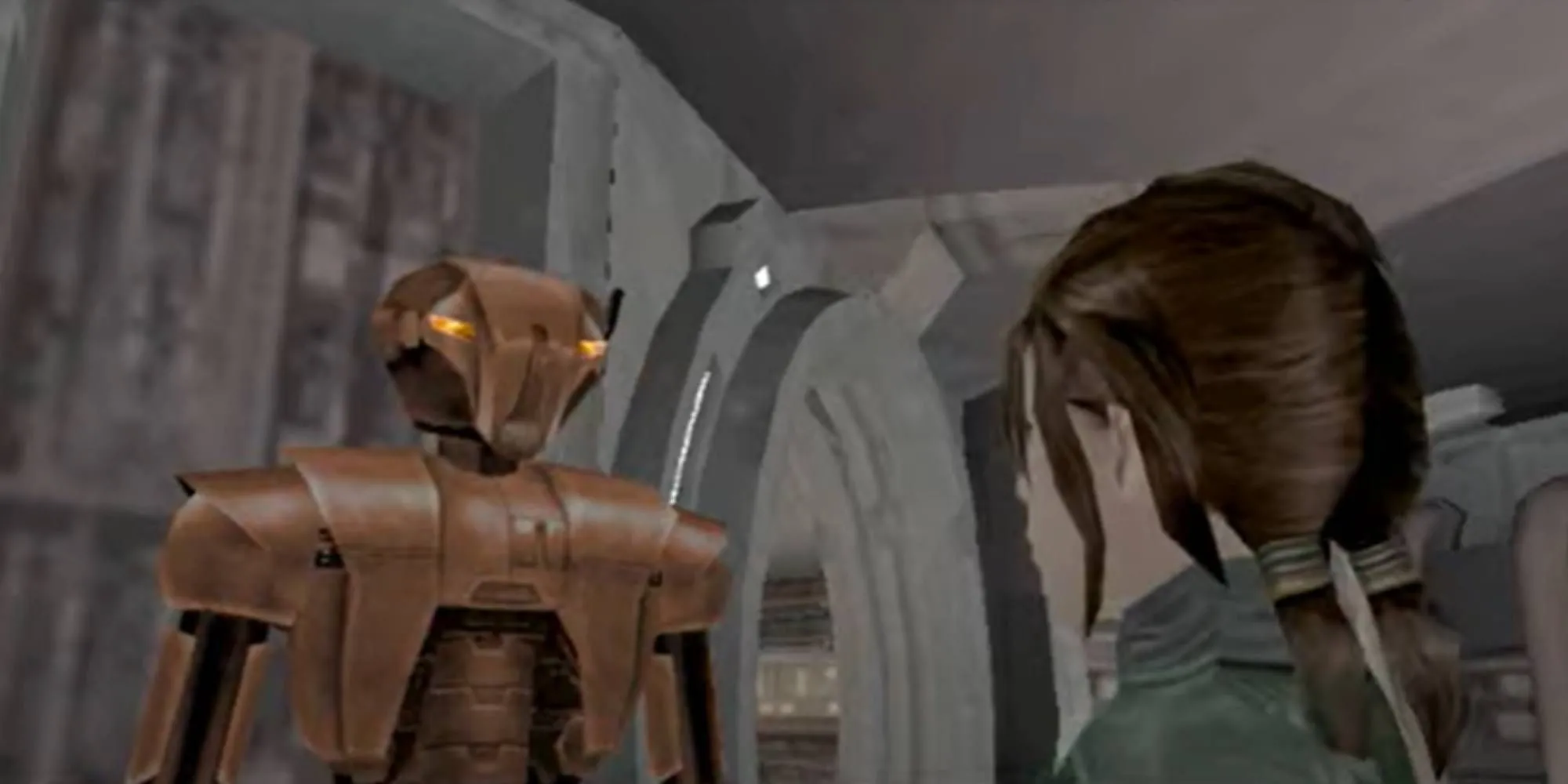 HK-47, sát thủ robot khét tiếng, trò chuyện với The Exile trong Knights of the Old Republic 2.