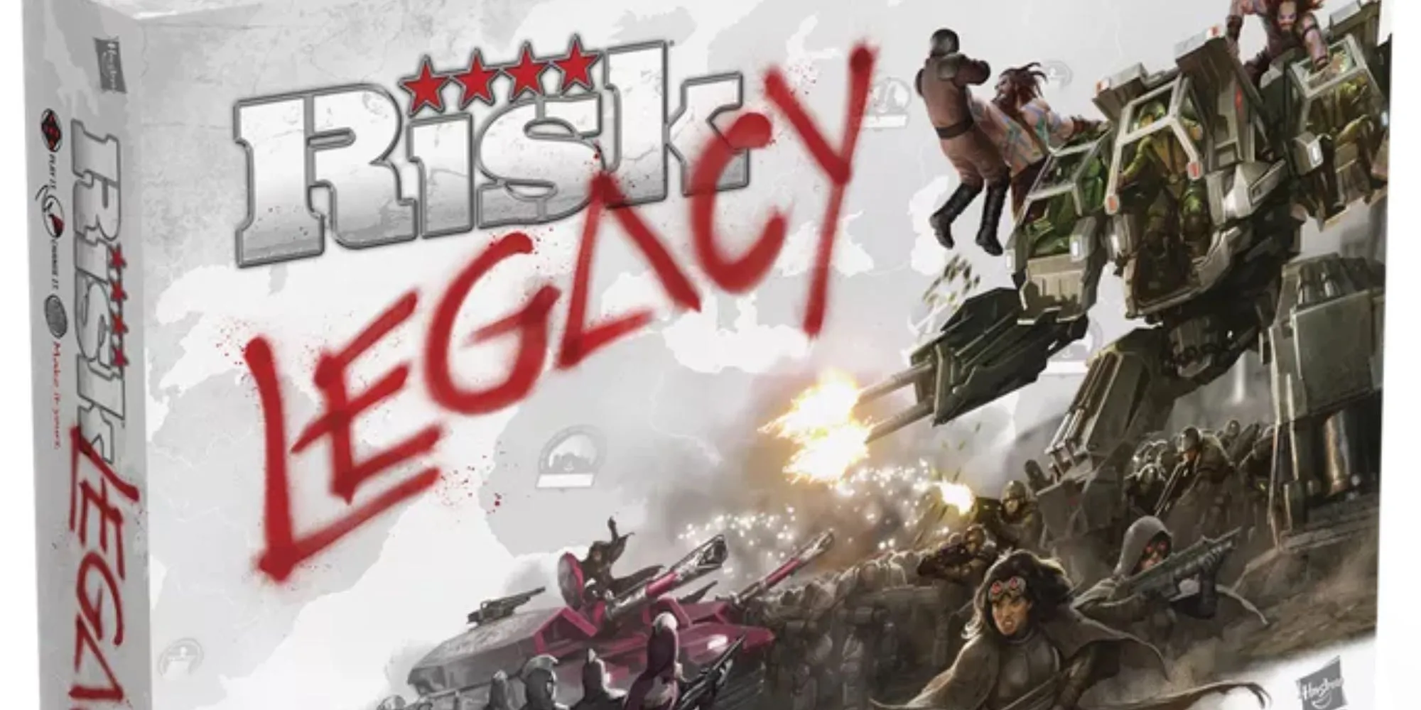 Hộp game Risk Legacy với hình ảnh người máy phá hủy binh lính
