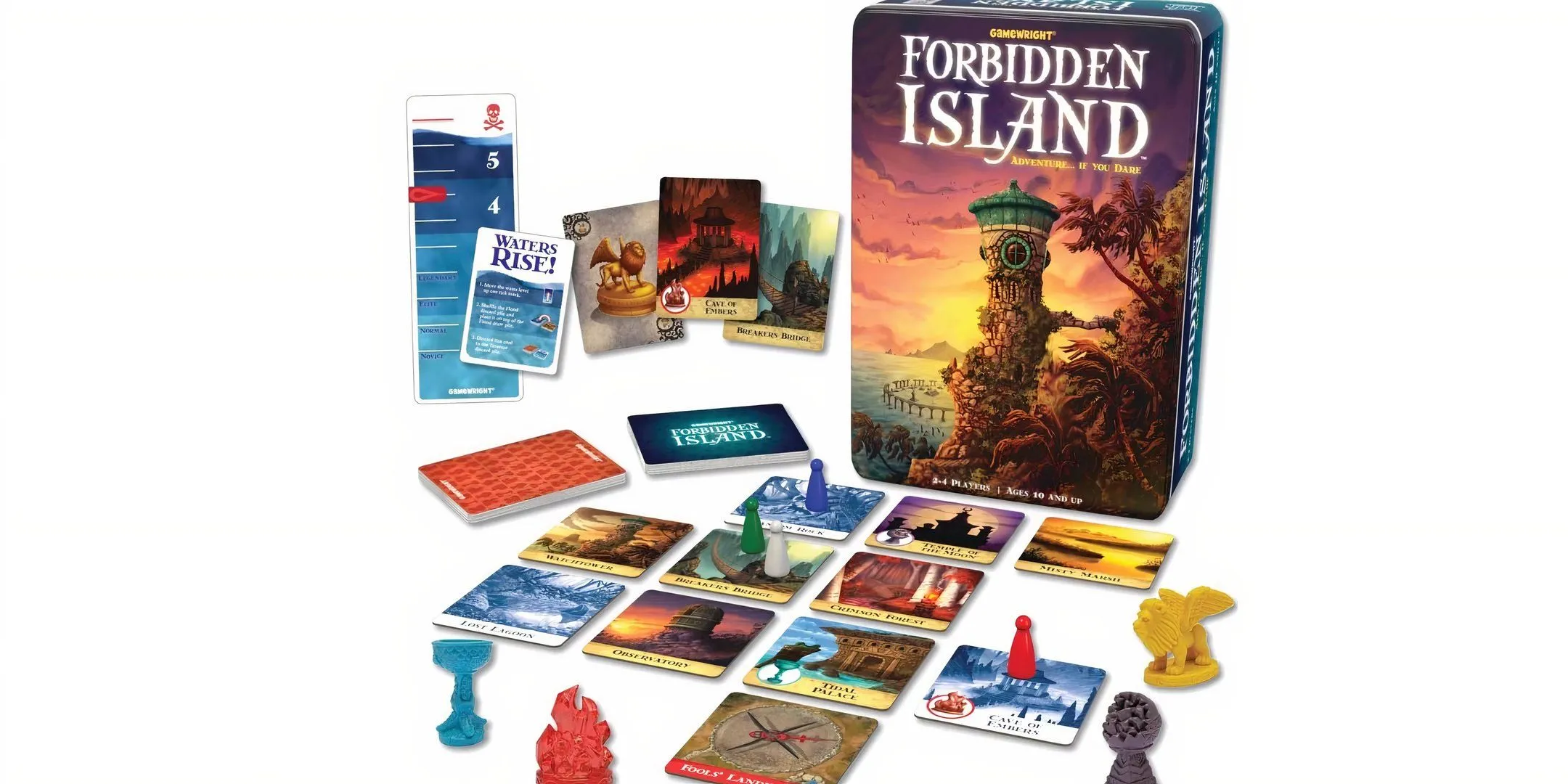 Hộp game và các mảnh ghép đảo chìm của board game Forbidden Island