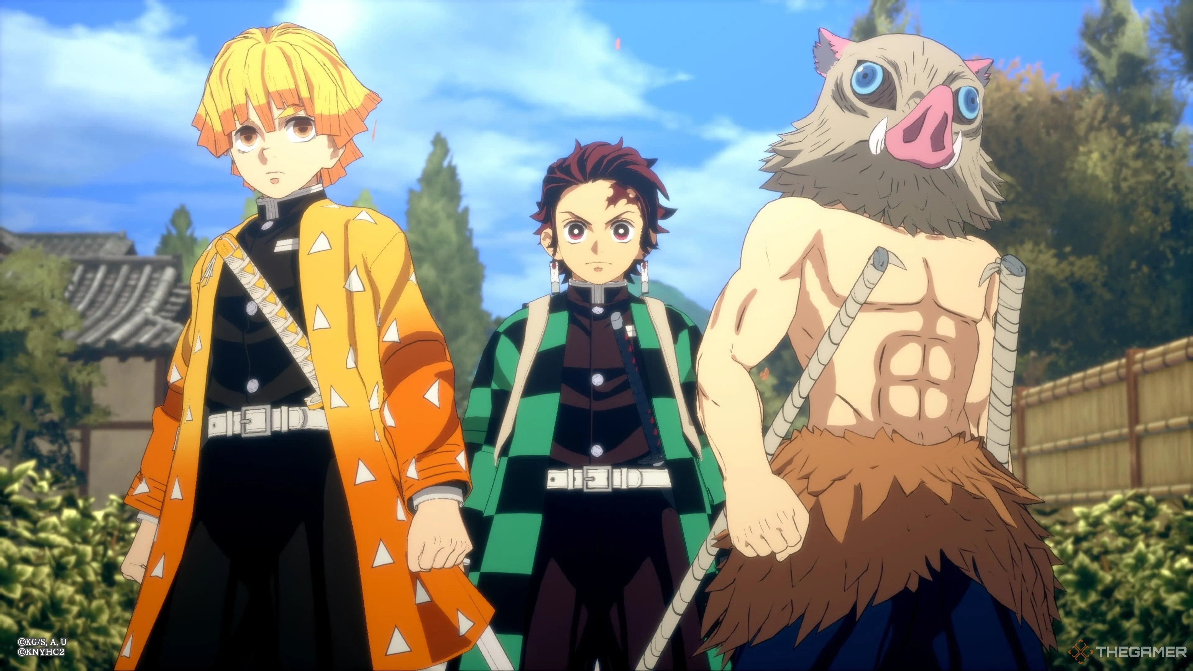 Inosuke, Tanjiro, và Zenitsu chuẩn bị chiến đấu trong Demon Slayer: The Hinokami Chronicles 2, minh họa gameplay hành động đỉnh cao