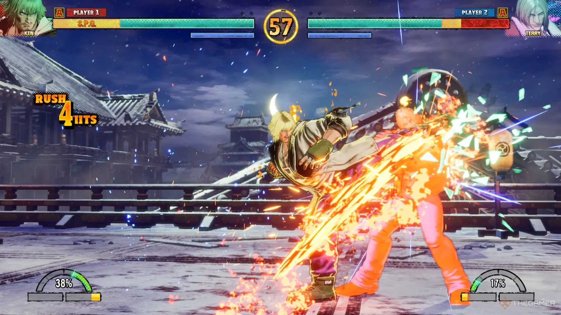 Ken Masters thực hiện chiêu Jinrai Kick đẹp mắt trong Fatal Fury City of the Wolves.