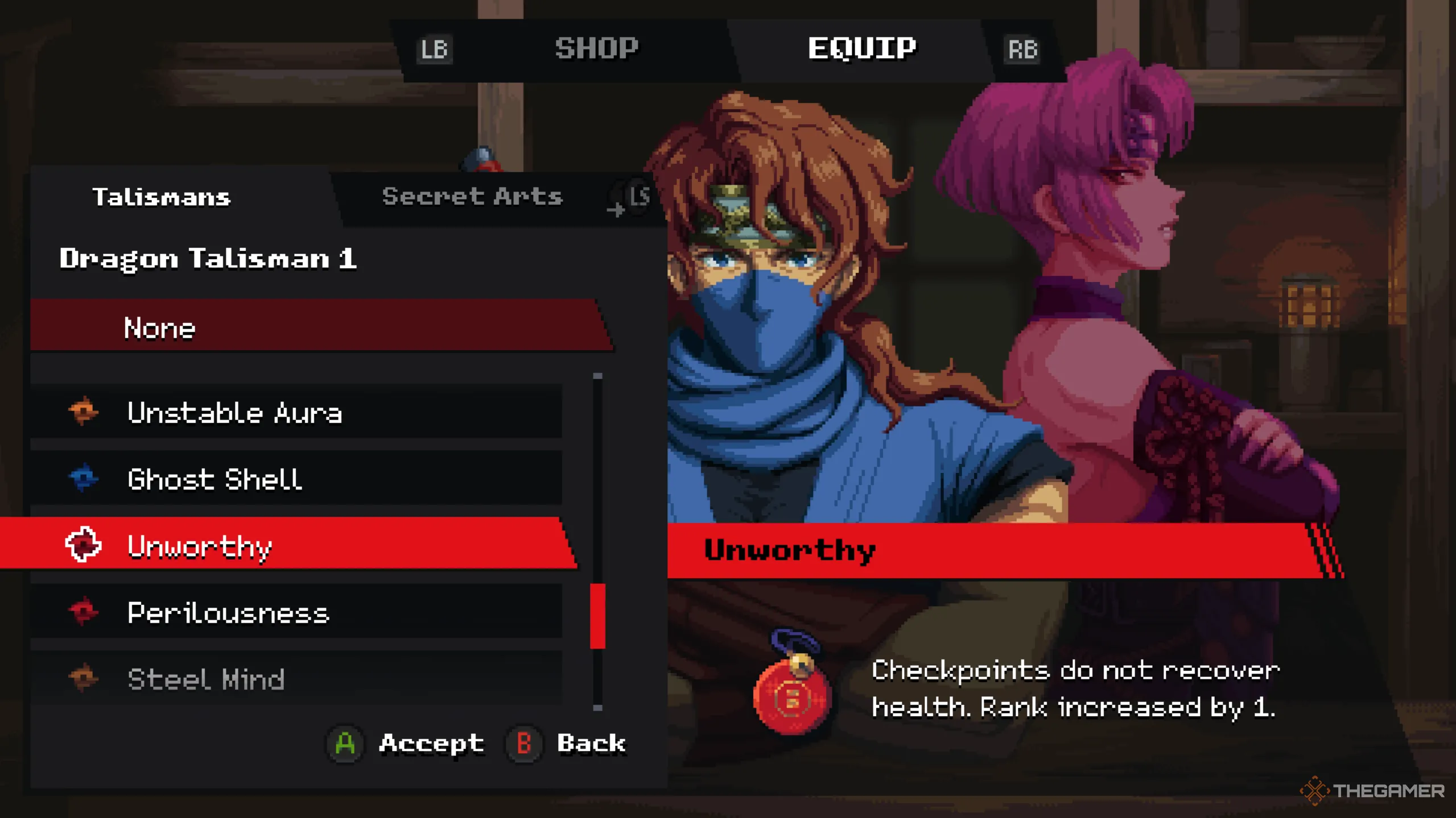 Kenji đang trang bị Phù chú Unworthy Talisman, bí kíp tăng hạng S-Rank trong Ninja Gaiden Ragebound