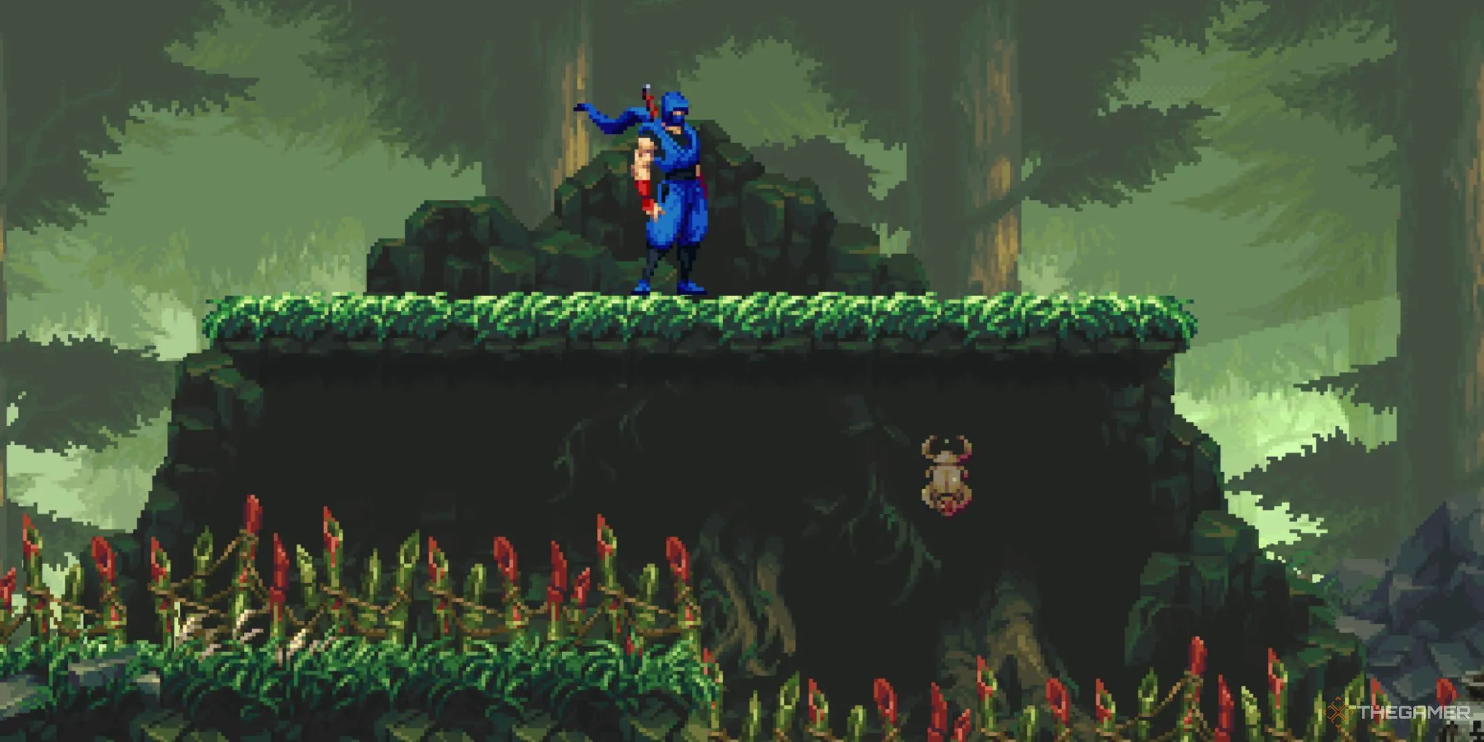 Kenji "pose dáng" bên cạnh Golden Scarab lấp lánh trong Ninja Gaiden Ragebound