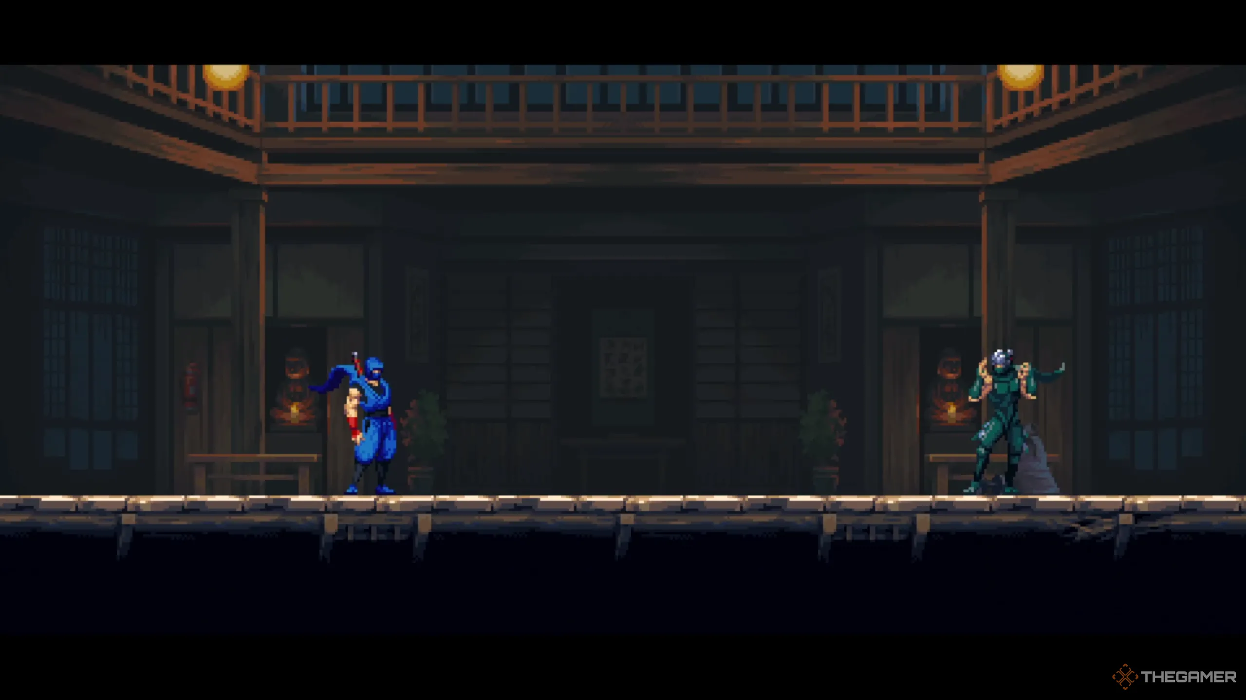 Kenji và Ryu đối đầu căng thẳng trong trận tử chiến ở Ninja Gaiden: Ragebound.
