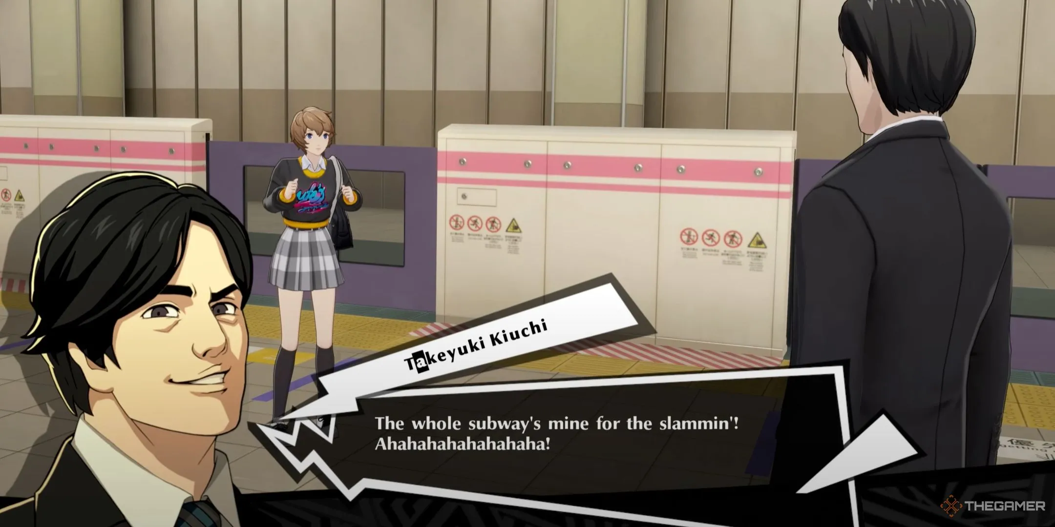 Kiuchi trong phân cảnh "Subway Slammer" nổi tiếng của Persona 5 The Phantom X