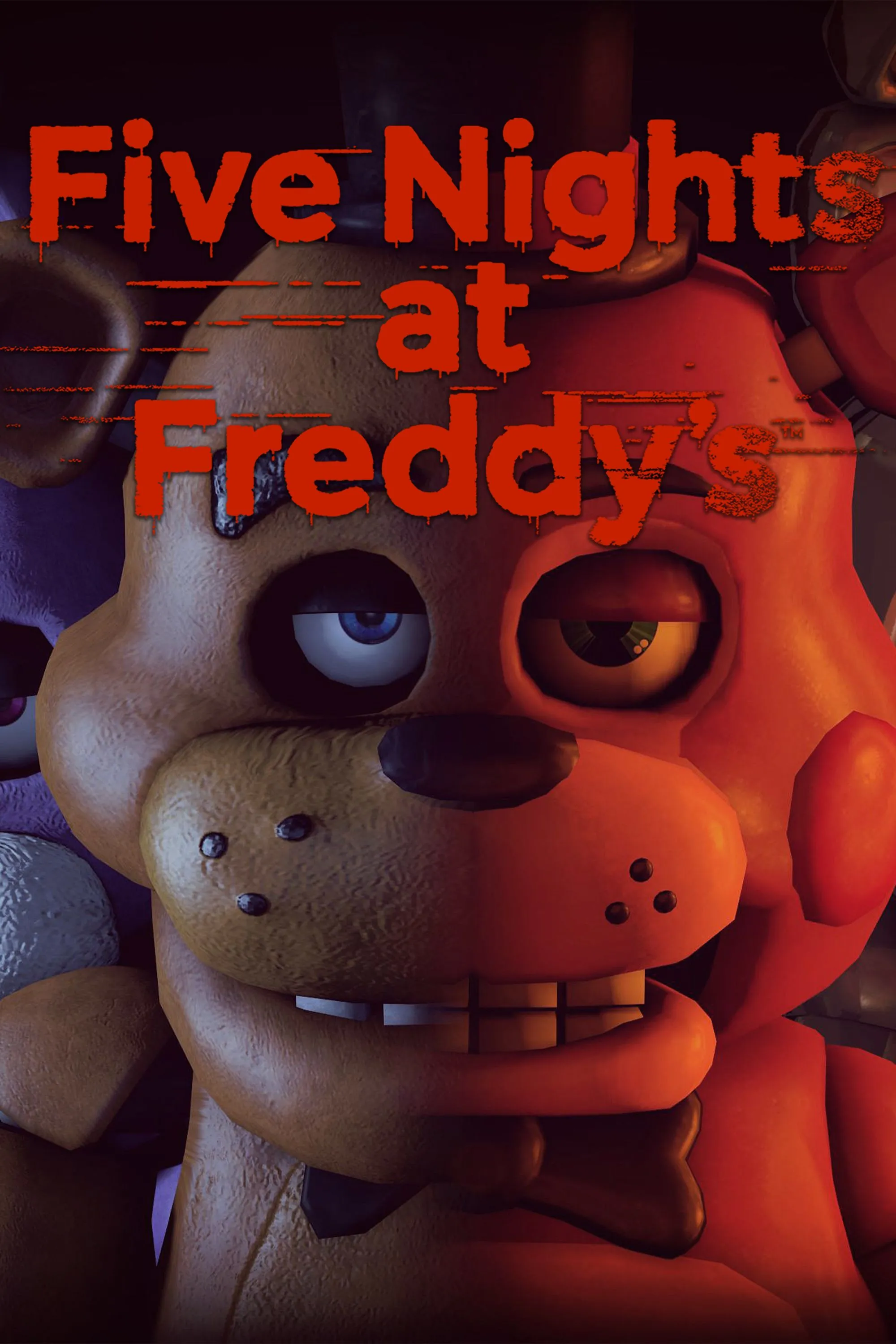 Logo Five Nights at Freddy's nổi bật trên nền các nhân vật hoạt hình animatronic đáng sợ, đại diện cho thương hiệu game kinh dị