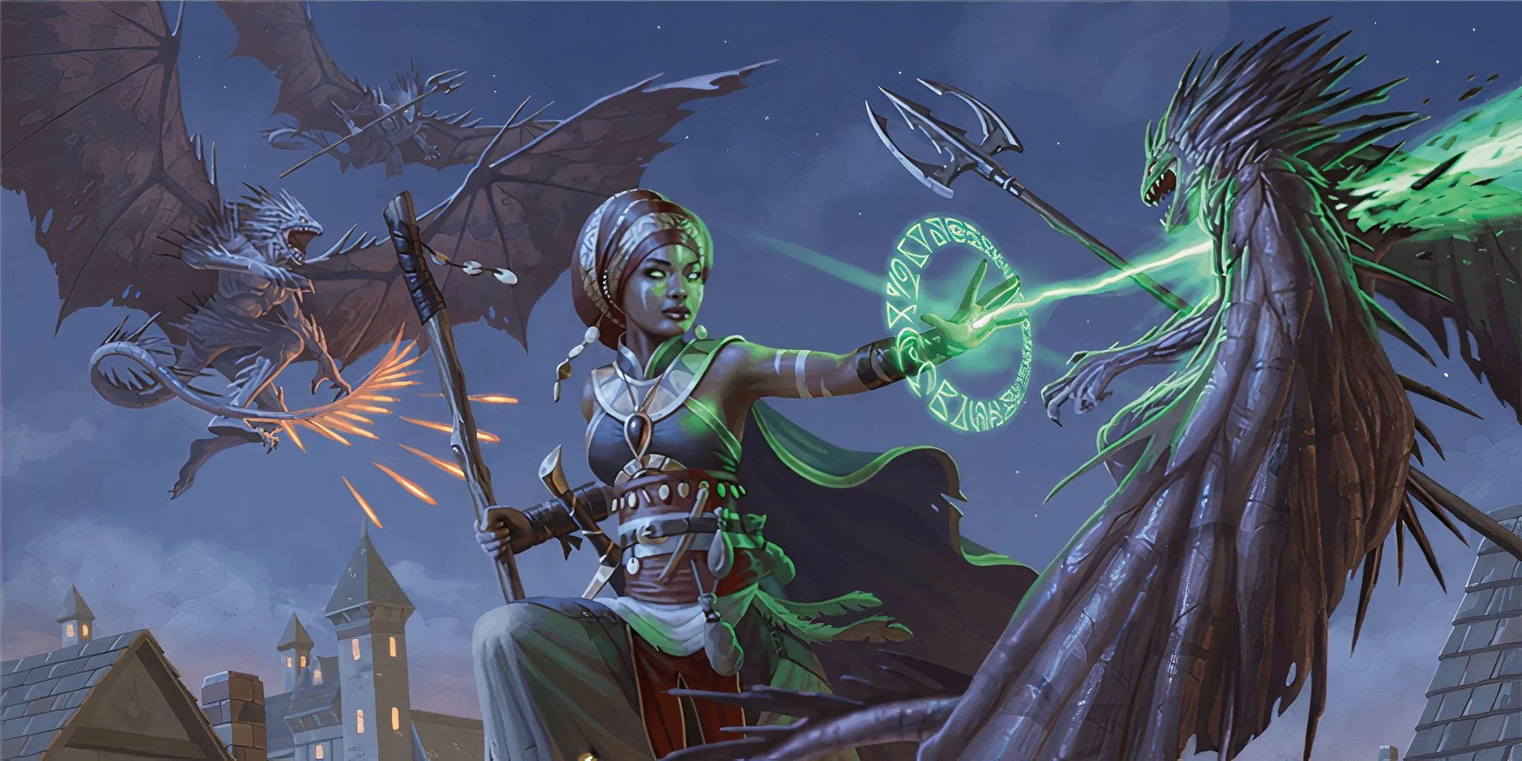 Một pháp sư trong cuộc truy đuổi trên mái nhà ở Waterdeep trong thế giới D&amp;D