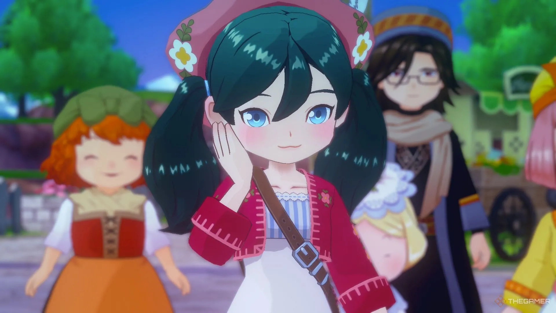 Nhân vật chính đang đỏ mặt trong Story of Seasons Grand Bazaar, hình ảnh đáng yêu khi tương tác với dân làng hoặc nhân vật NPC.