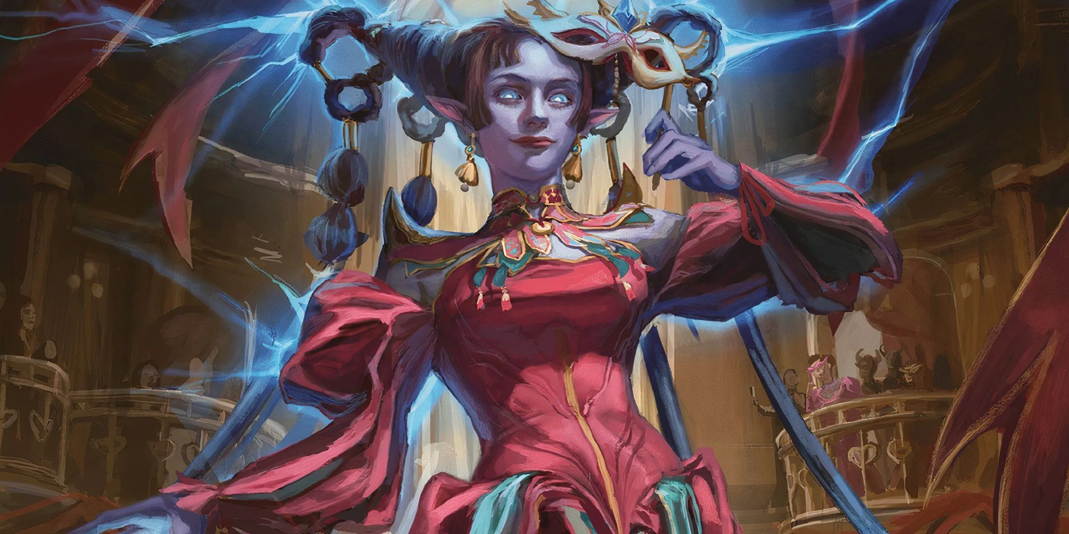 Pháp sư Tiefling tỏa ra năng lượng, minh họa cho sức mạnh tiềm tàng của các build nhân vật trong D&amp;D.
