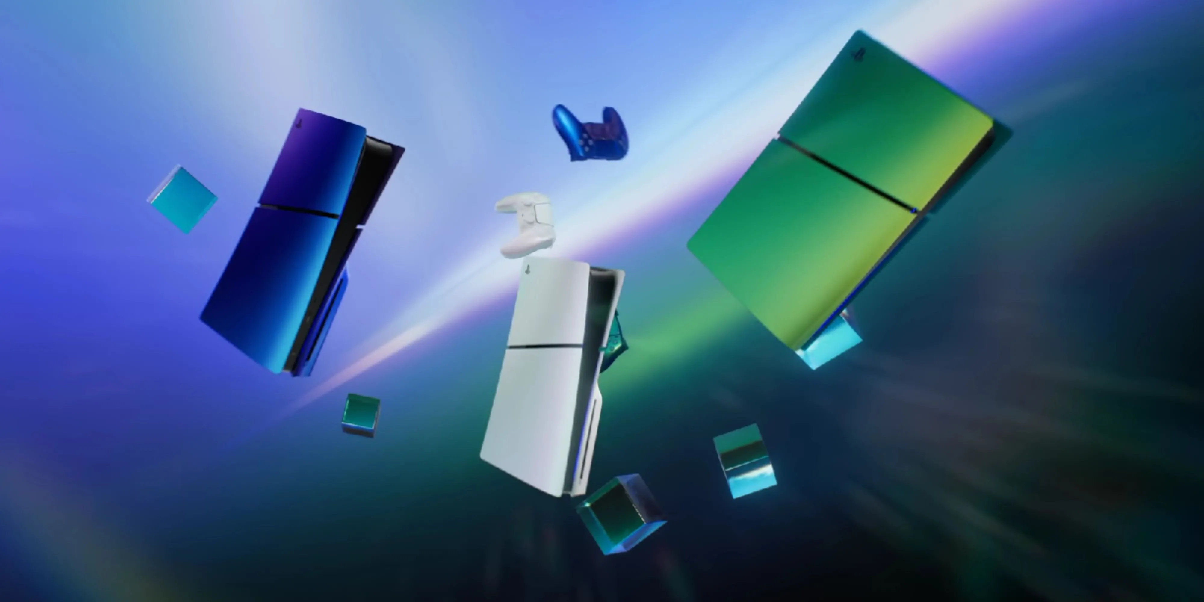 PlayStation 6 concept với màu xanh bạc và khối lập phương, biểu tượng cho sức mạnh thế hệ console mới của Sony.