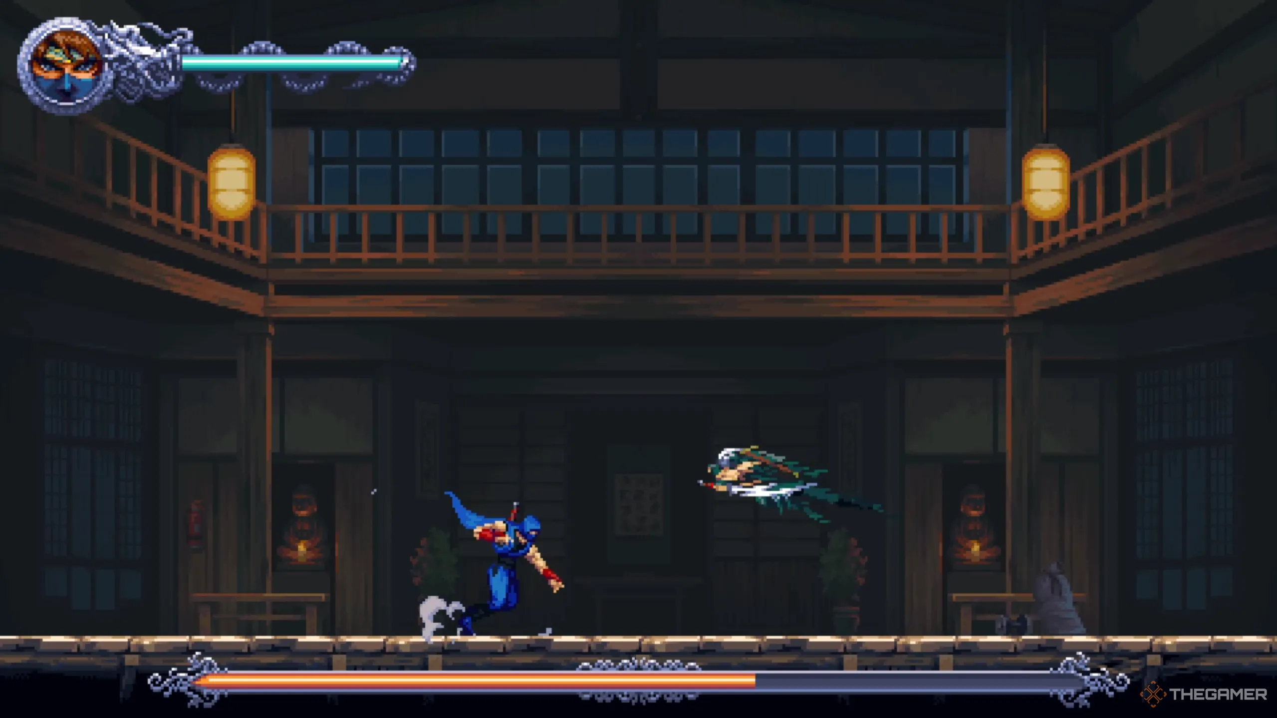 Ryu dùng chiêu Phi Yến huyền thoại lao nhanh như chớp về phía Kenji trong Ninja Gaiden: Ragebound, khiến đối thủ khó lường.