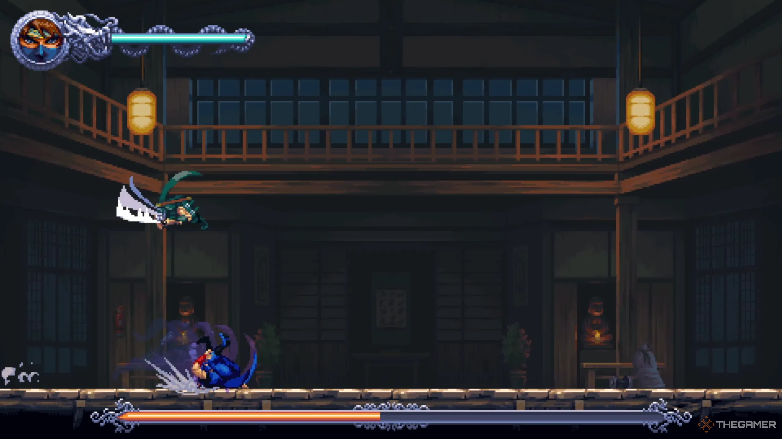 Ryu giáng đòn chém mạnh từ trên cao xuống Kenji, tạo ra sức ép lớn trong trận đấu Ninja Gaiden: Ragebound.