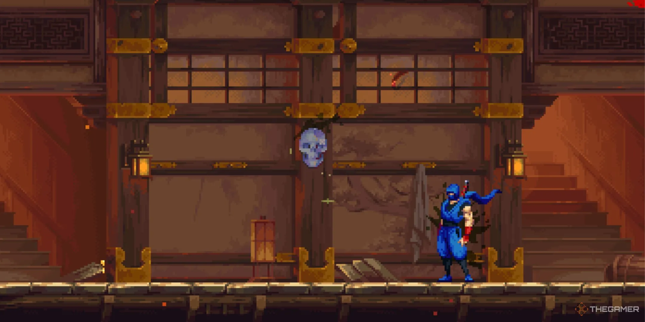 Ryu Hayabusa đối mặt Sọ Pha Lê lấp lánh trong Ninja Gaiden Ragebound, Act 1.