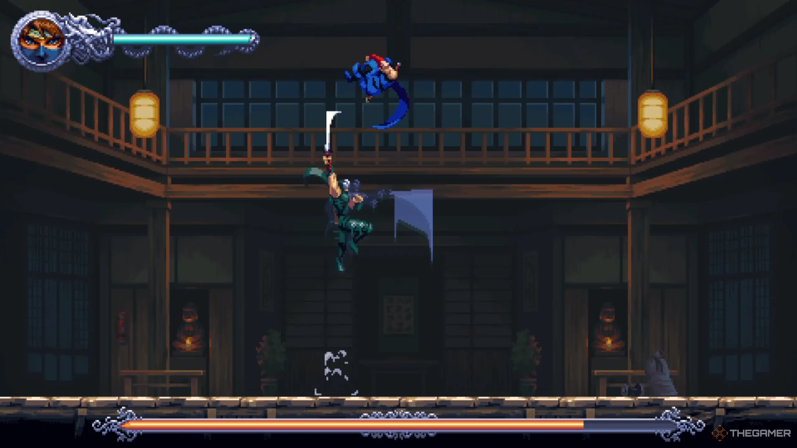 Ryu sử dụng đòn chém móc từ dưới lên Kenji, một chiêu thức khó chịu trong Ninja Gaiden: Ragebound.