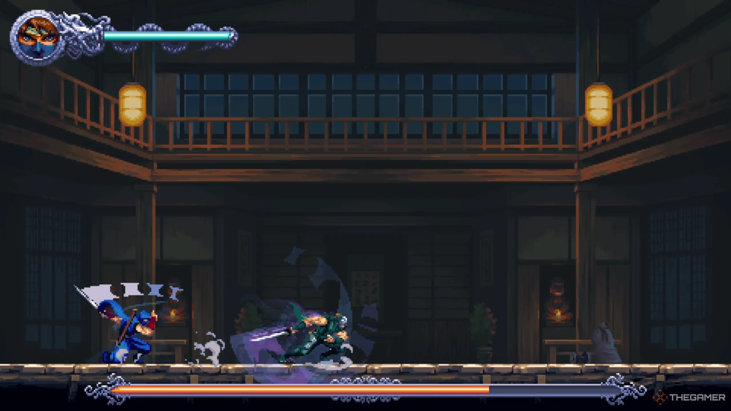 Ryu tung chiêu chém liên hoàn đầy uy lực trong Ninja Gaiden: Ragebound, sẵn sàng kết liễu đối thủ.