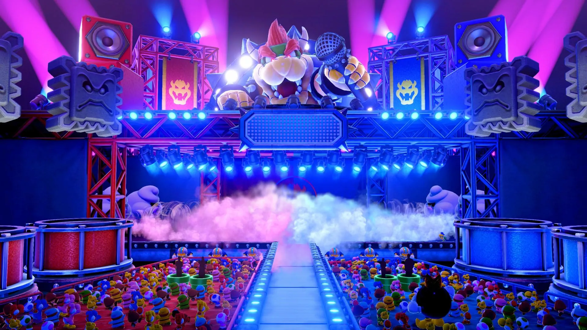 Sân khấu hoành tráng của Bowser Live trong Super Mario Party Jamboree Nintendo Switch 2 Edition, nơi game thủ quẩy hết mình theo điệu nhạc và minigame.
