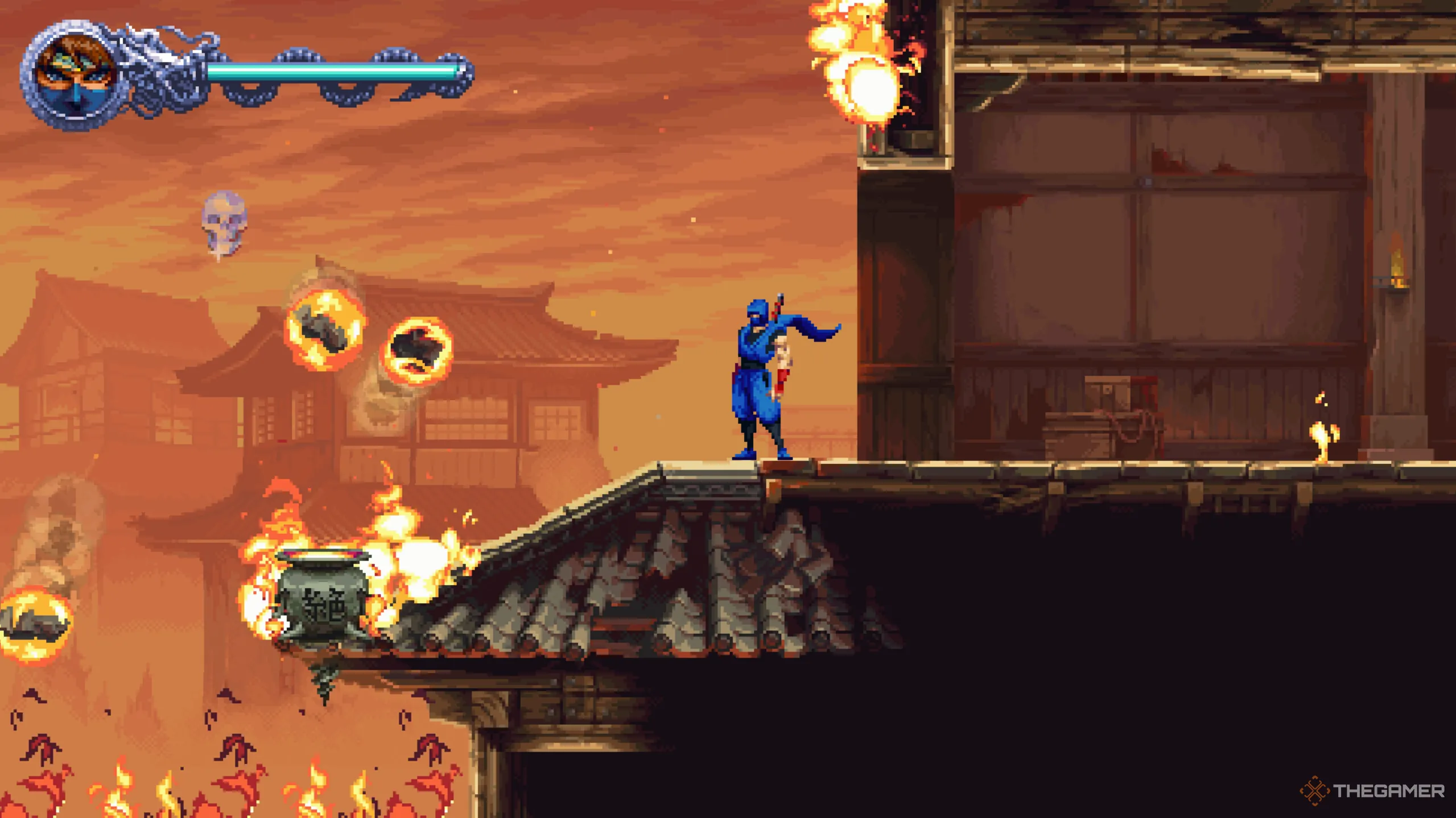 Sọ Pha Lê thứ hai của màn 1-2 Ninja Gaiden Ragebound, cần luồn lách để tìm.
