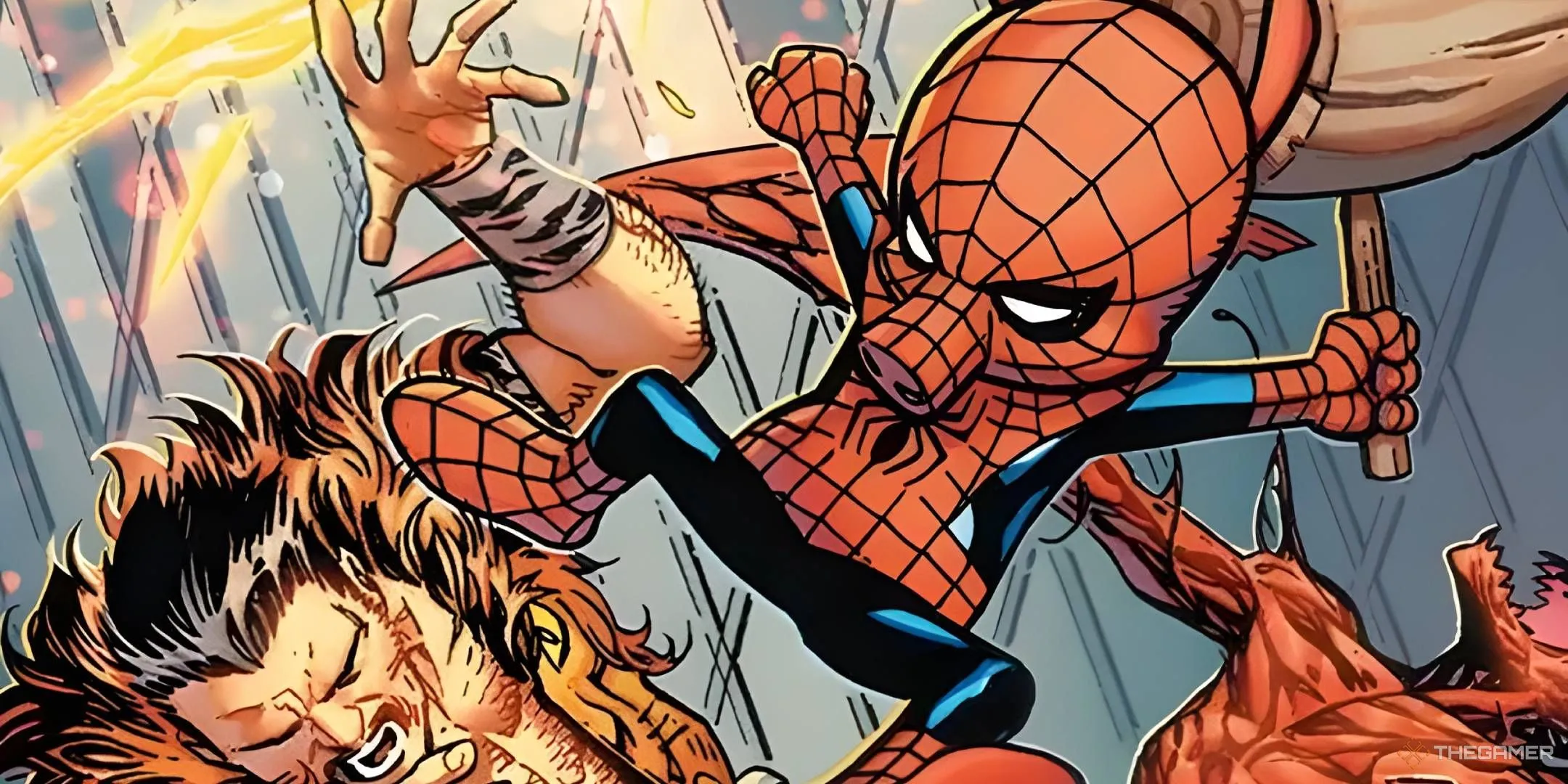 Spider-Ham Peter Porker oai vệ với chiếc búa đồ chơi, đá bay Kraven Thợ Săn trong một pha hành động cực chất. Một minh họa không thể lầy lội hơn từ Jim Cheung và Jay David Ramos.
