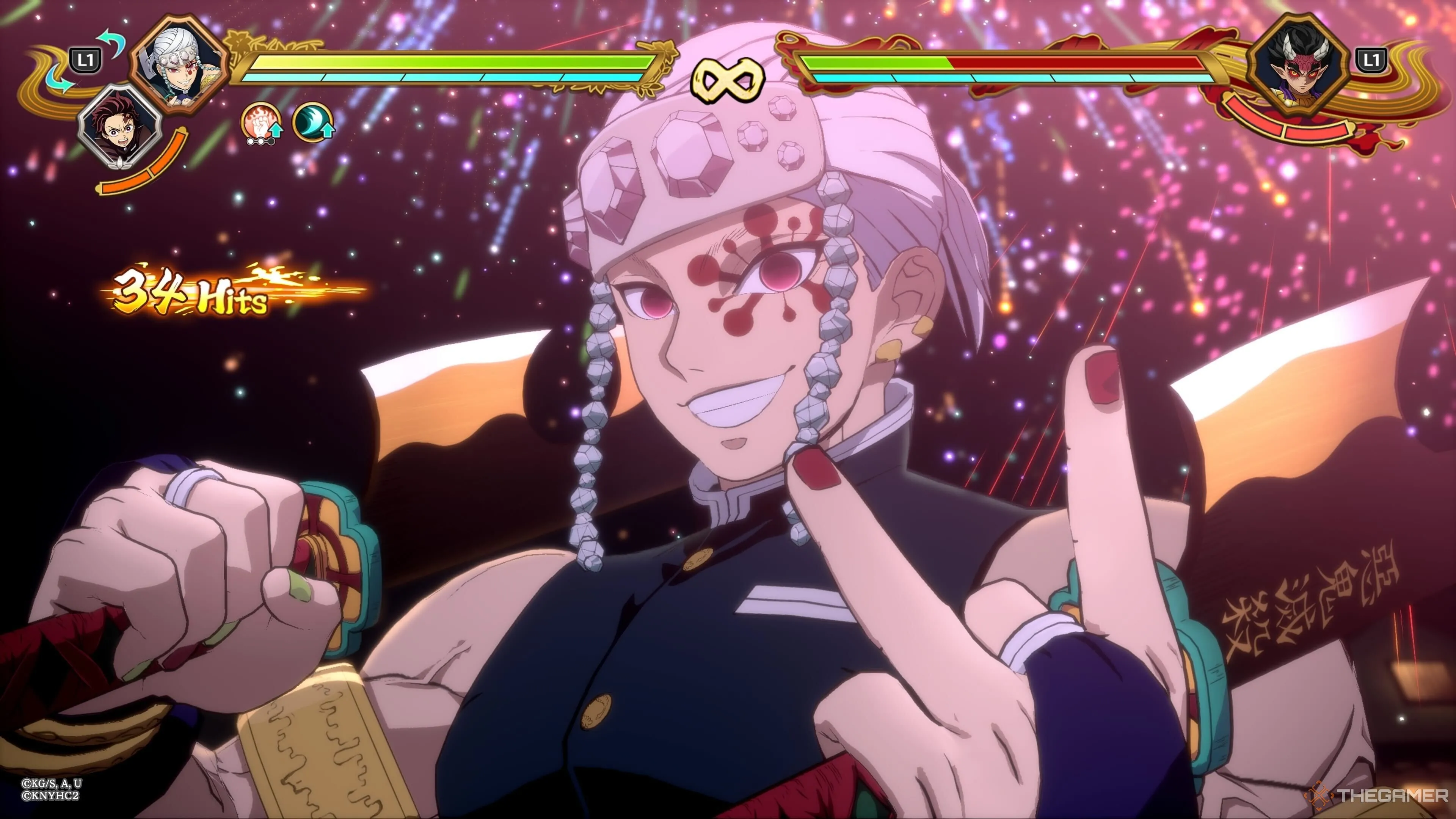 Tengen Uzui, Trụ Cột Âm Thanh, tung tuyệt chiêu cuối hoành tráng trong Demon Slayer: The Hinokami Chronicles 2, thể hiện đồ họa và hiệu ứng kỹ năng mãn nhãn