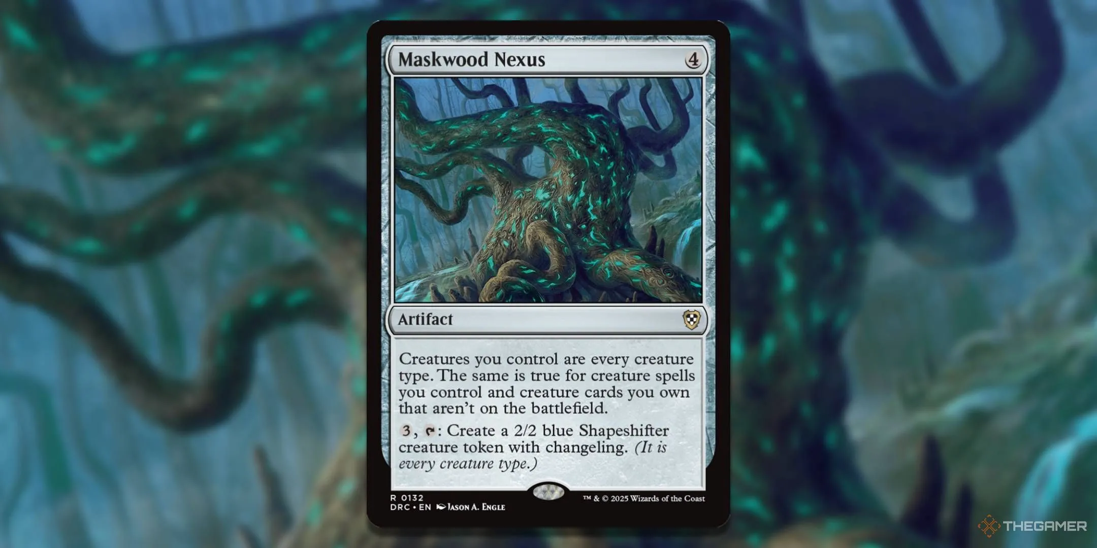 Thẻ bài Maskwood Nexus trong Magic The Gathering, lá bài biến mọi sinh vật thành tất cả các loại quái vật, mở ra vô vàn combo bá đạo. Hình minh họa ấn tượng với nền nghệ thuật huyền bí.