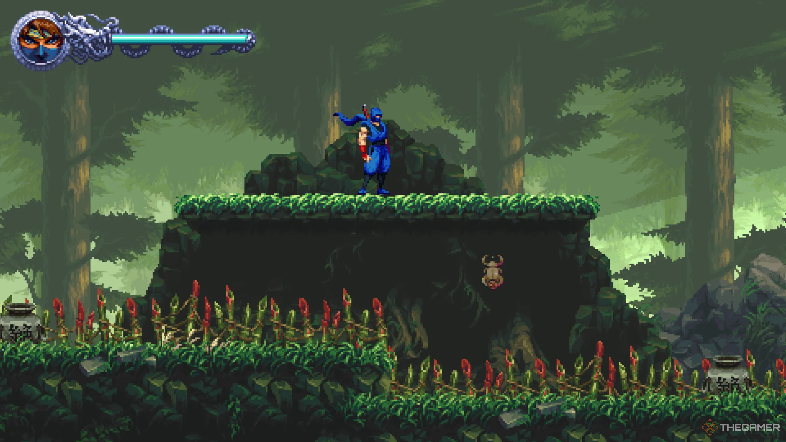 Vị trí Golden Scarab đầu tiên màn After the Demons! treo lơ lửng trên gai nhọn Ninja Gaiden Ragebound