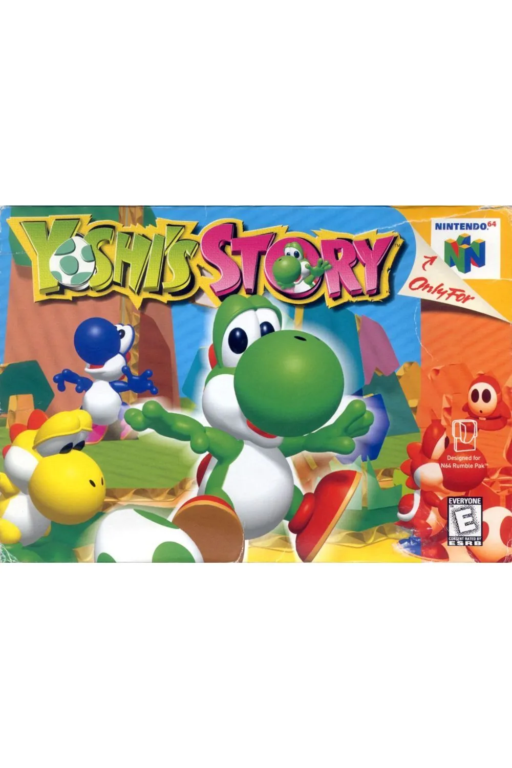 Yoshi màu xanh với đồ họa kiểu sách truyện trong Yoshi's Story trên Nintendo 64.