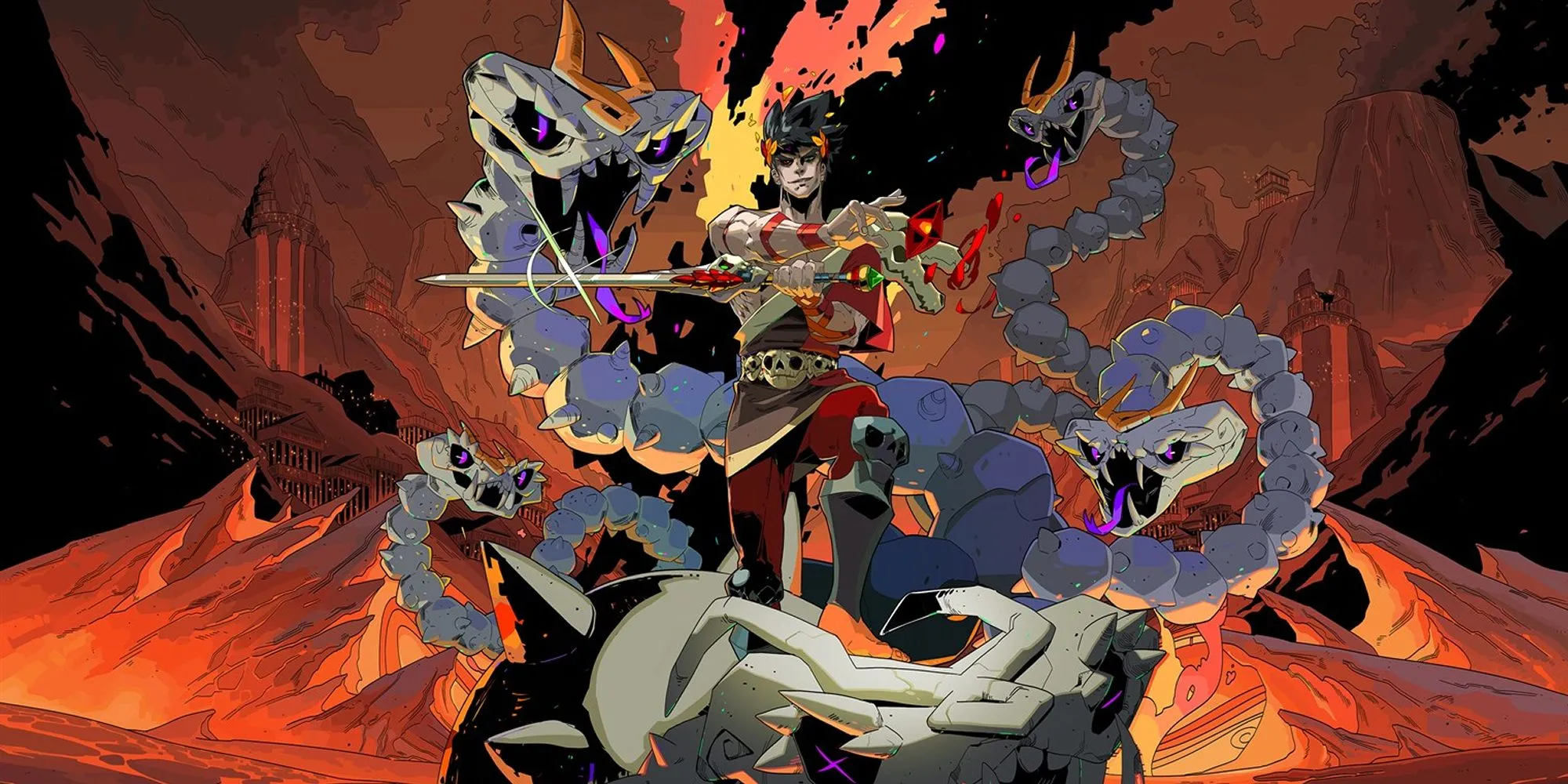 Zagreus đứng trên đầu Hydra đã bị đánh bại trong Hades, biểu tượng của sự kiên cường